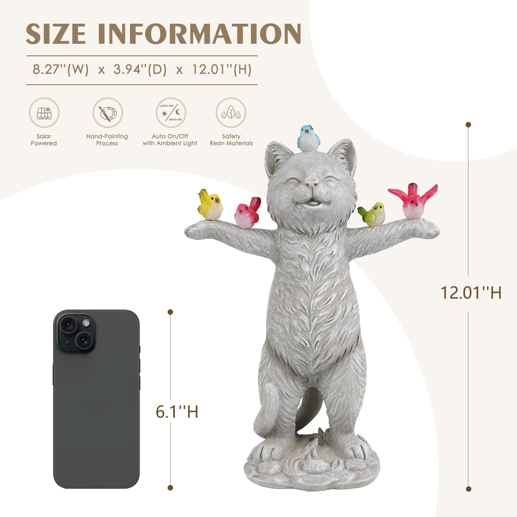 Mininova Solar Outdoor Decorations Garden Statue Cat Figurines With Birds For Yard Patio Balcony Lawn Outside Ornaments Gifts Fo