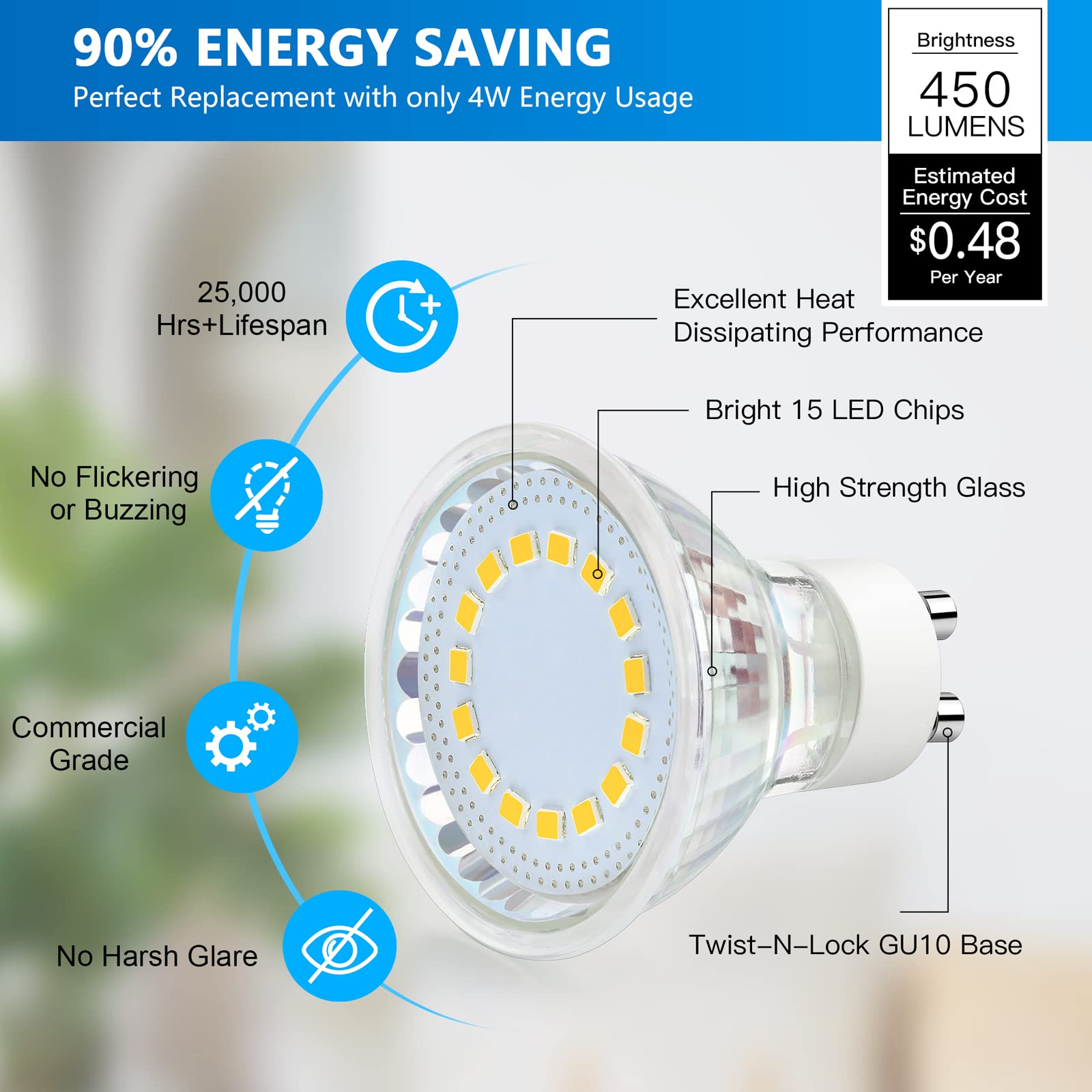 Maylaywood Gu10 Led Light Bulb, 50 Watt Halogen Equivalent, Soft White 3000K 450Lm Non-Dimmable 4W Led Replacement Recessed Trac
