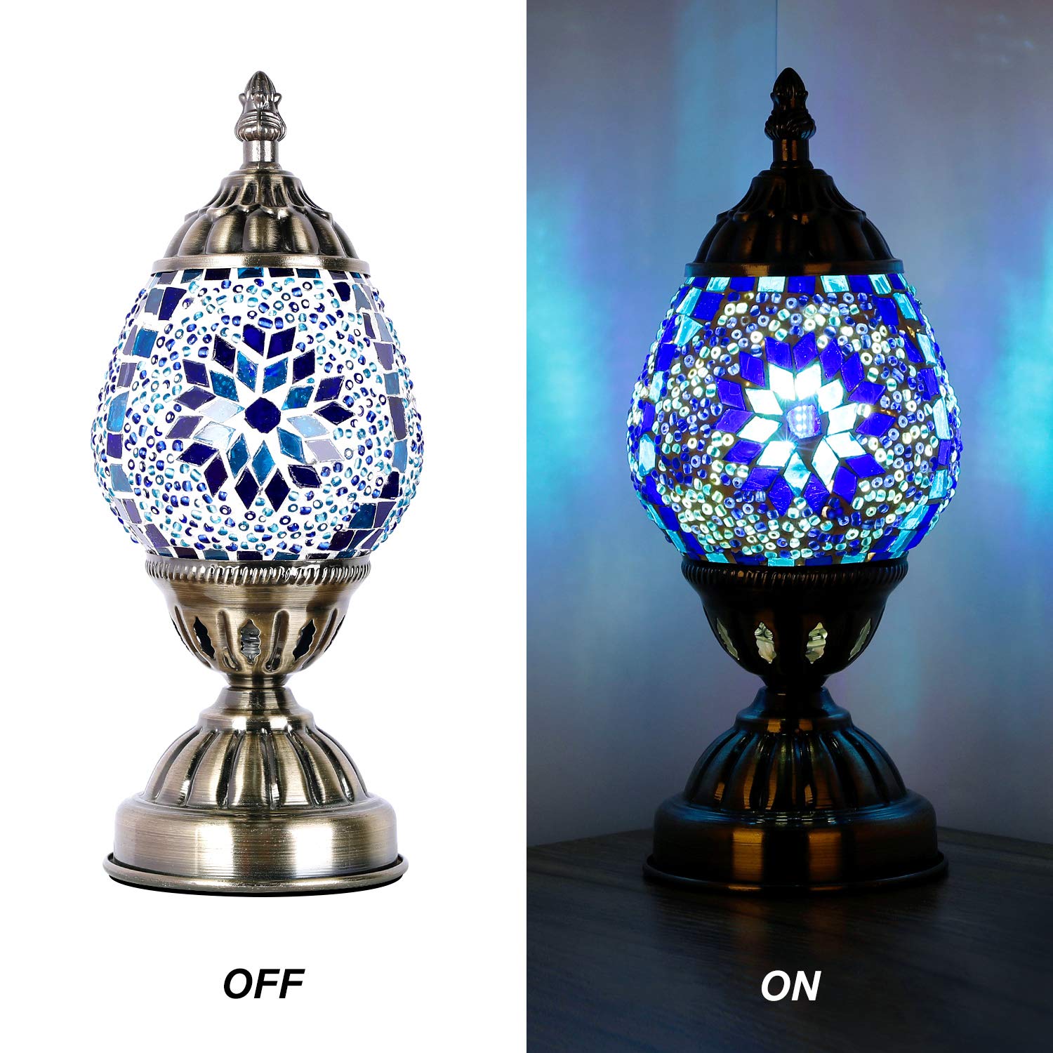 Anton Turkish Table Lamp Handmade Mosaic Glass Egg Shaped Moroccan Lantern Decorative Desk Night Light For Bedroom Living Room With E12 Led Bulb (Blue)