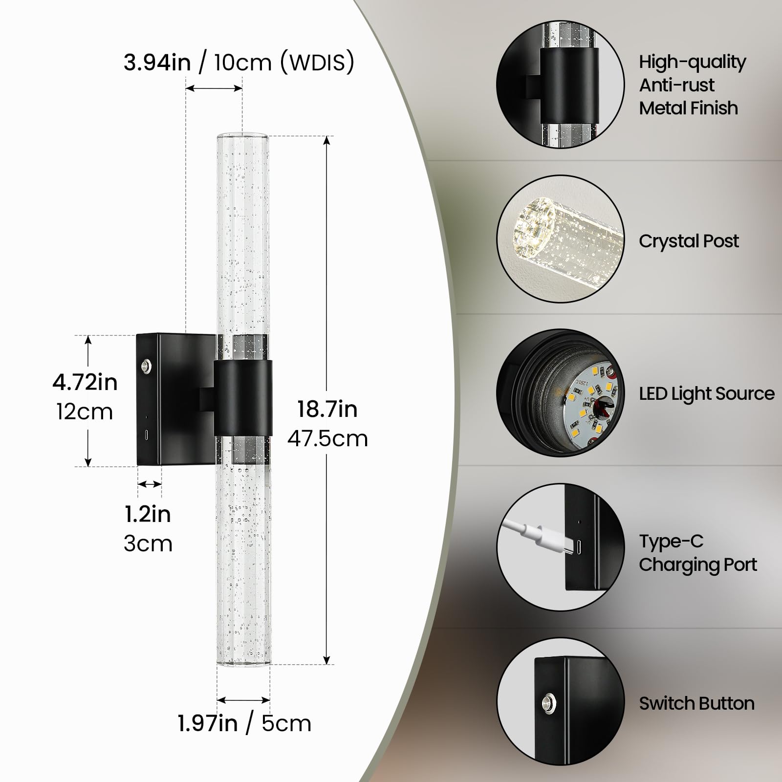 Ccycol Battery Operated Wireless Wall Sconces Set Of Two, Rechargeable Black Wall Sconce Set Of 2 With Remote Control, Modern Le