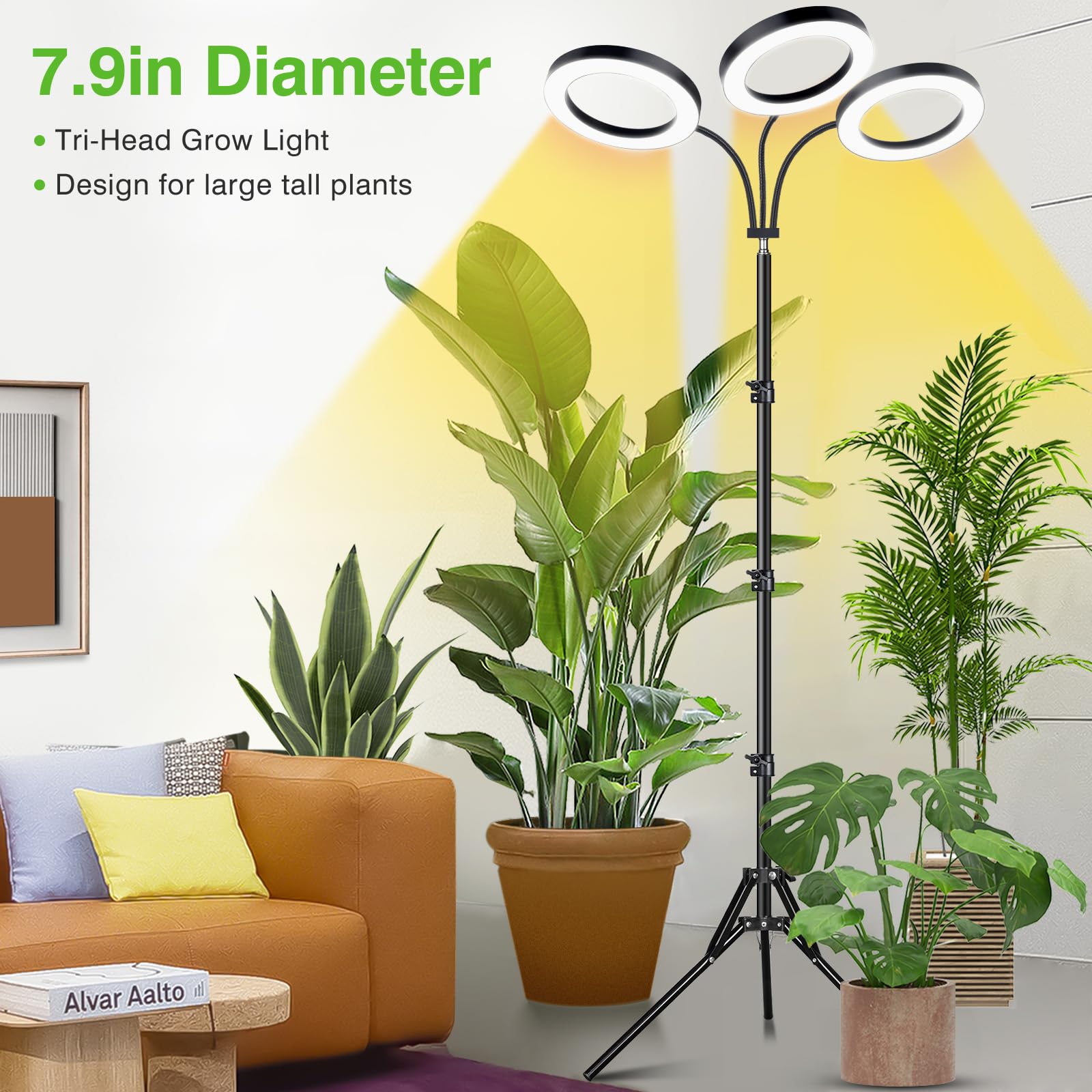 Lordem Grow Light For Indoor Plants, 7.9'' Diameter Tri-Head Plant Light For Plants Growing, Full Spectrum Growth Lamp With Auto