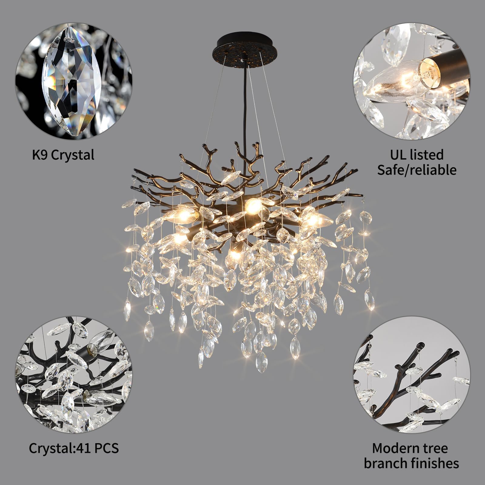 Egm Black Tree Branch Crystal Chandelier, 18 Inch Modern Dining Room Crystal Chandelier 6-Light(E12), Hanging Round Chandeliers