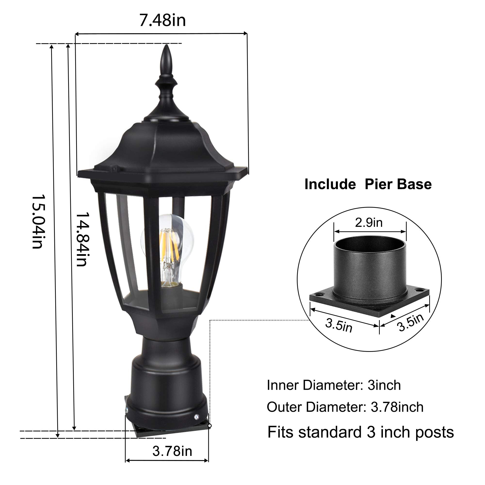 FUDESY Outdoor Post Light Fixture, LED Included, Anti-Corrosion Black Plastic, Garden Pathway Lantern