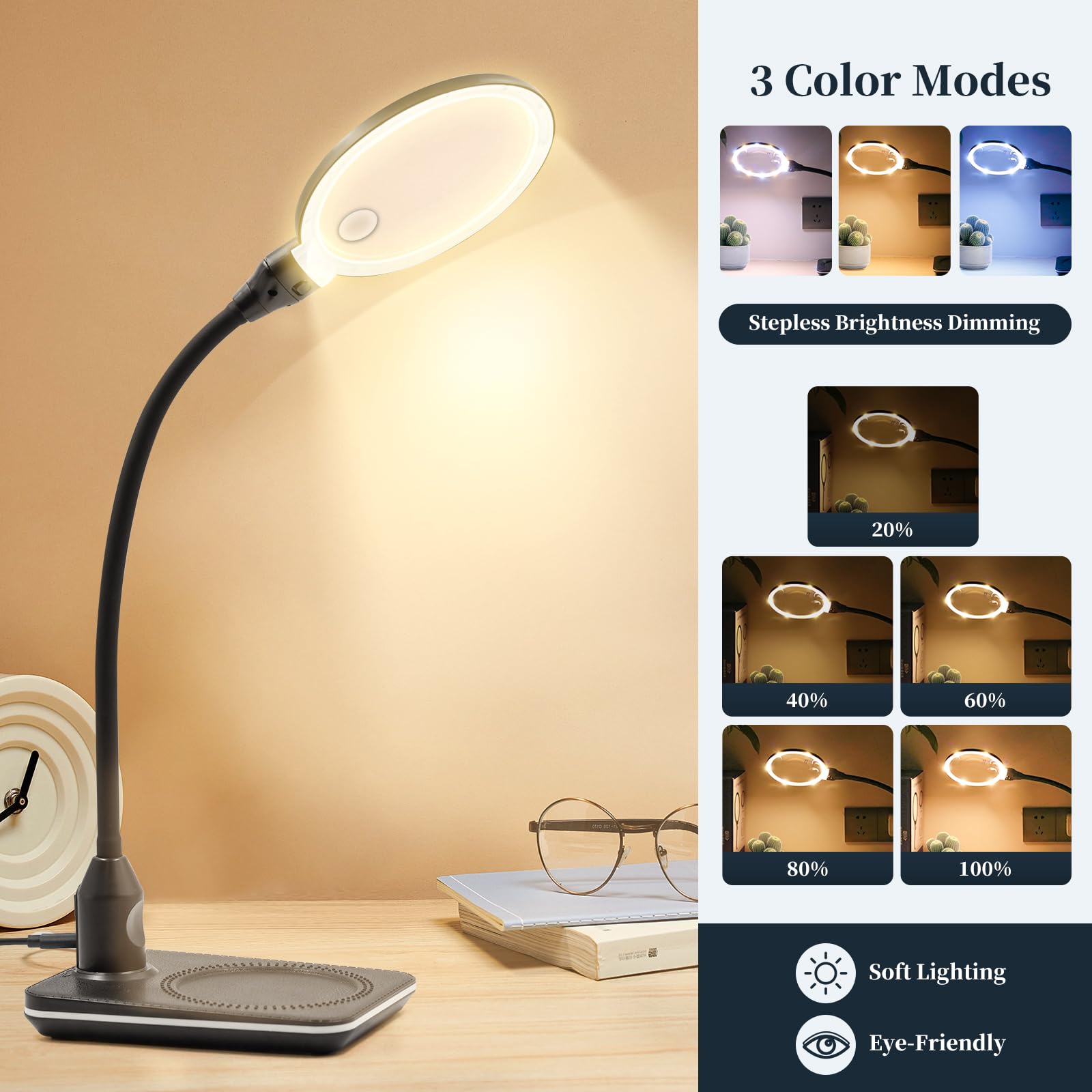 15X Magnifying Glass With Light And Stand, 4.9 Inch 2-In-1 Magnifying Lamp With Clamp, 3 Color Modes Dimmable, Flexible Goosenec