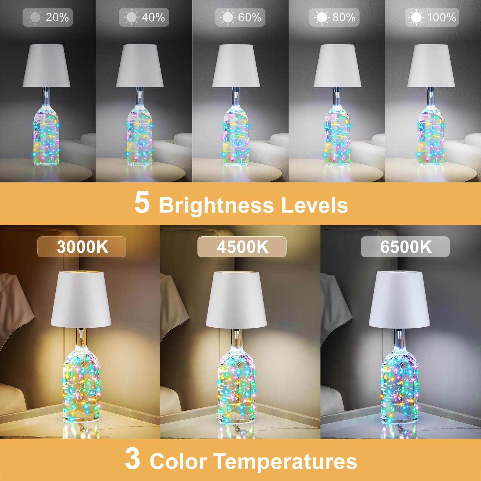 HOMEBEST Wireless Bottle Lamp with Remote & Timer, Rechargeable, White, 1 Pack, Model HL10-WH1P