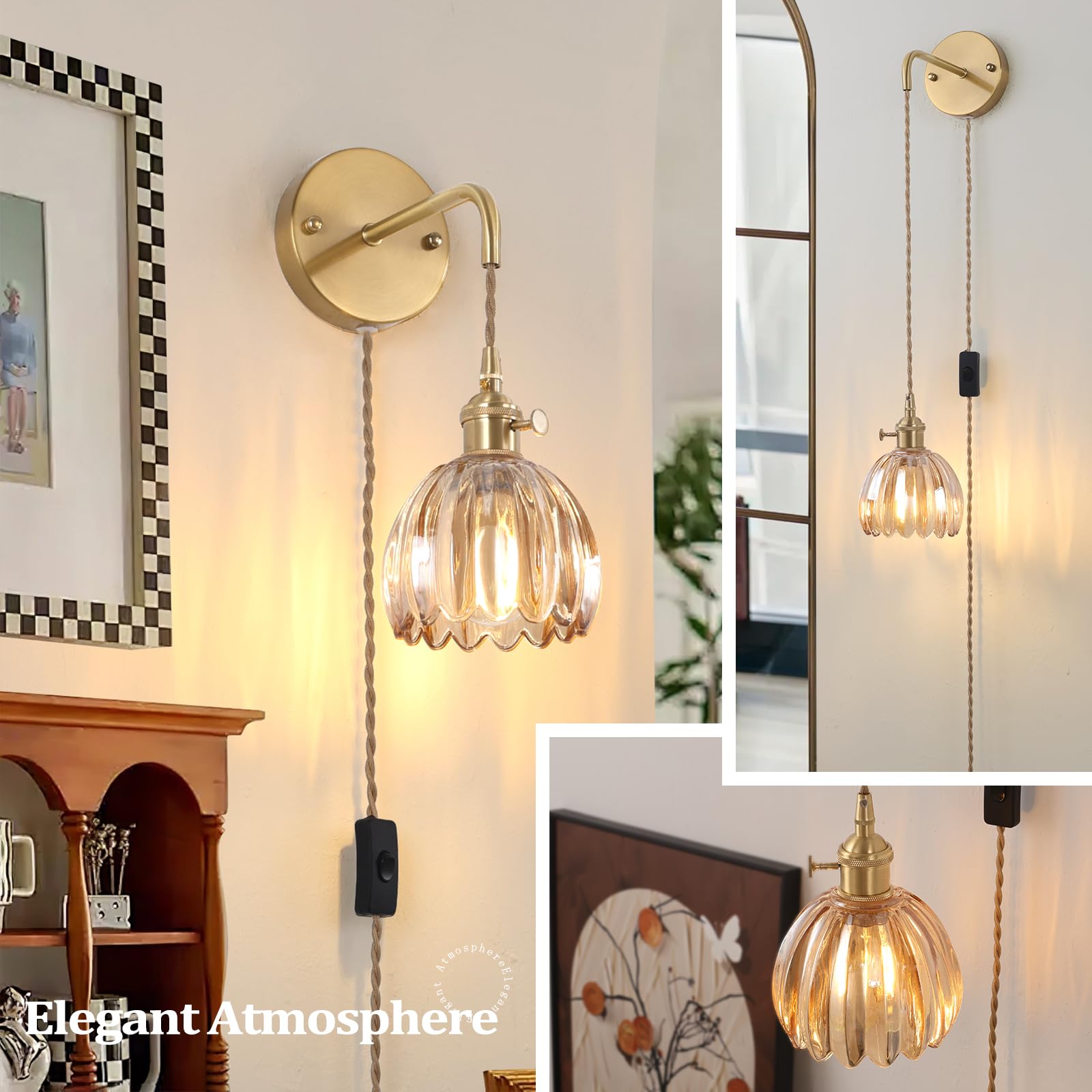 Shenmoyl Vintage Wall Sconce Lamp, Amber Tulip Glass Shade, Plug in, Brass, Model 1-9390, 4.9FT Cord