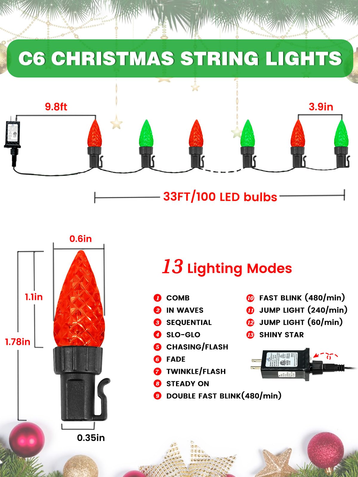 2 Pack C6 Christmas Lights Outdoor Indoor  Total 200 Led 66 Ft Connectable Christmas String Lights With Timer & 13 Modes  Waterproof Twinkle Light For Xmas Tree Party Yards Decorations (Red And Green)