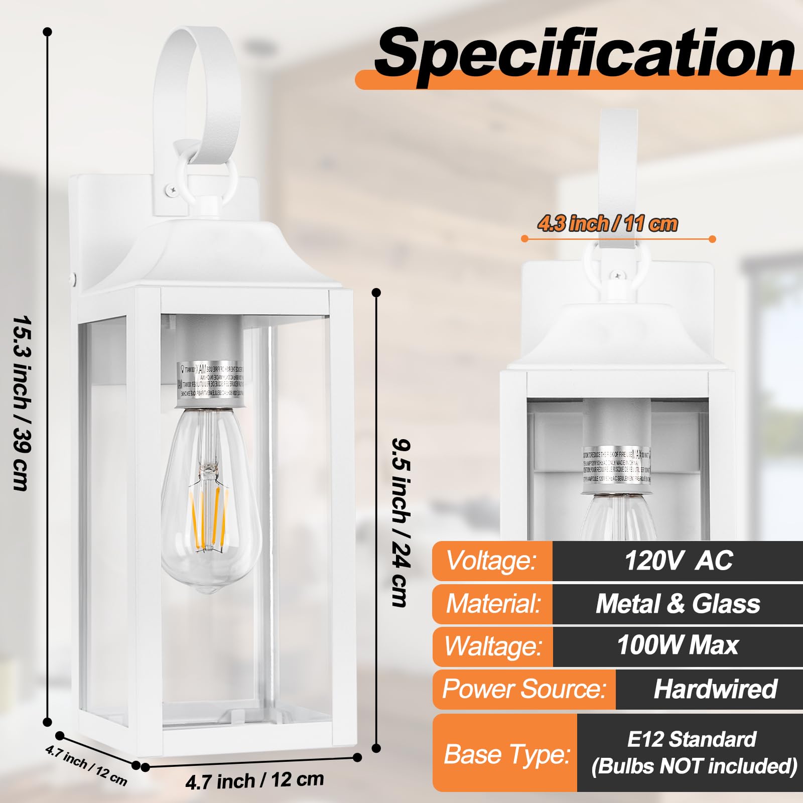 Yolsunes 15&quot; White Outdoor Wall Sconces, Waterproof Modern Lanterns, 2 Pack