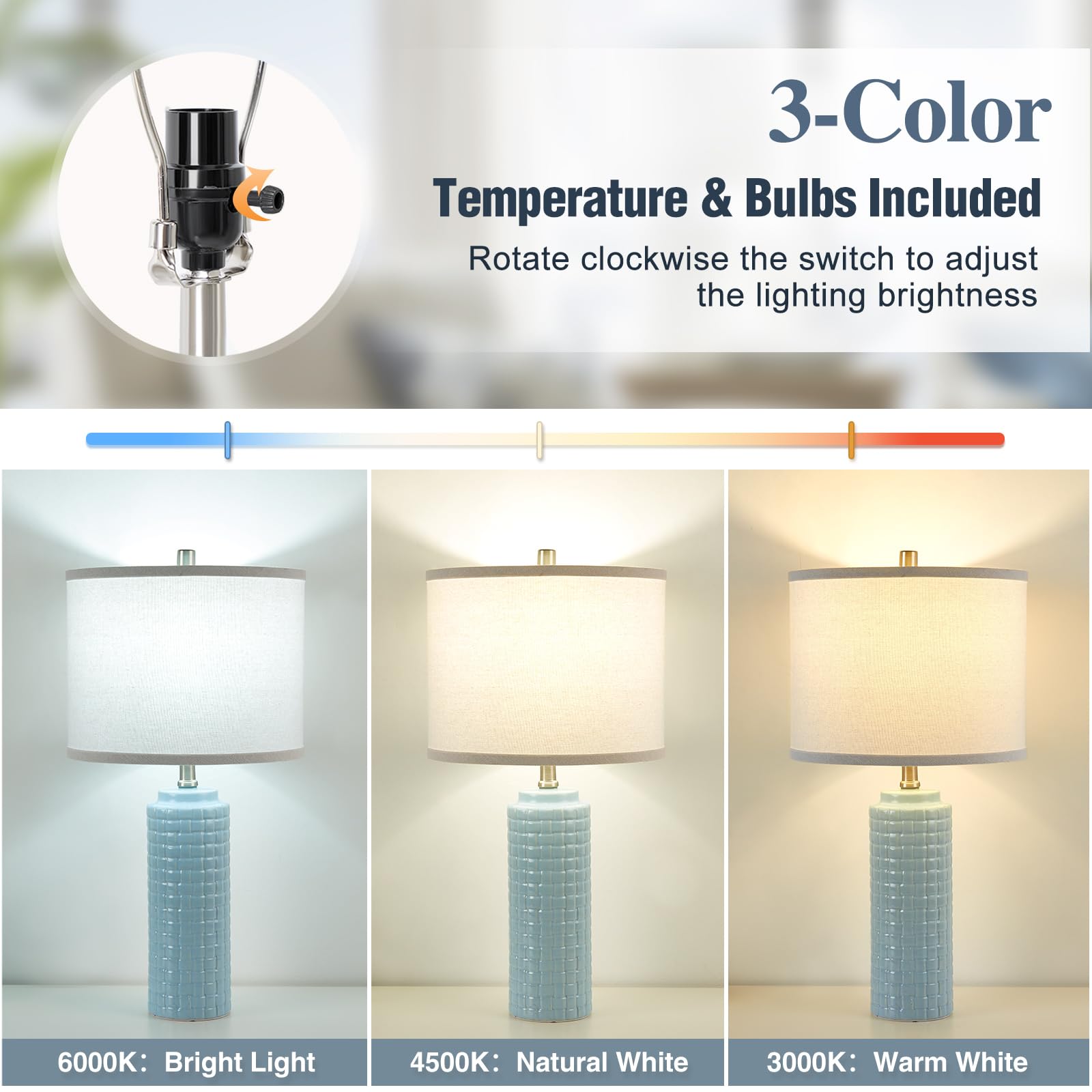 Luvkczc Modern Ceramic Bedside Lamps Set of 2, 24.8", Lake Blue, 3 Color Temperatures, Bulbs Included