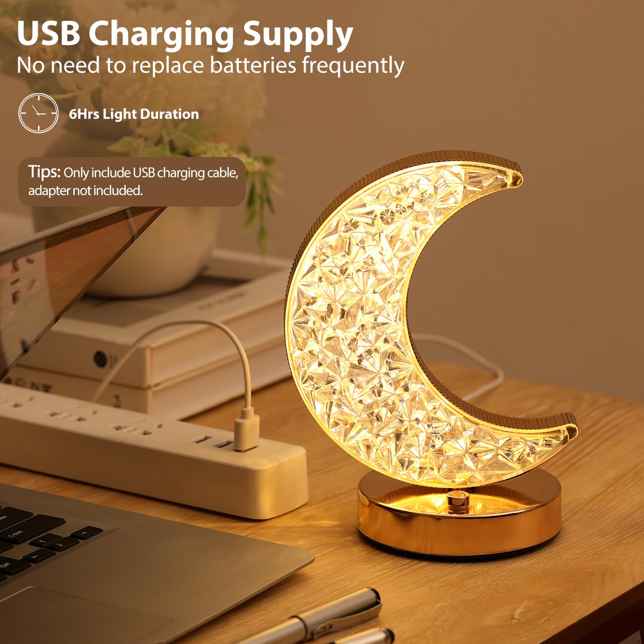 Lewondr Crescent Moon Table Lamp, Stepless Dimmable Touch Lamp With 3 Colors, Rechargeable Night Light With Usb Port, Ramadan Moon Light Bedside Lamp For Nightstand Desk Bedroom Living Room Home Decor