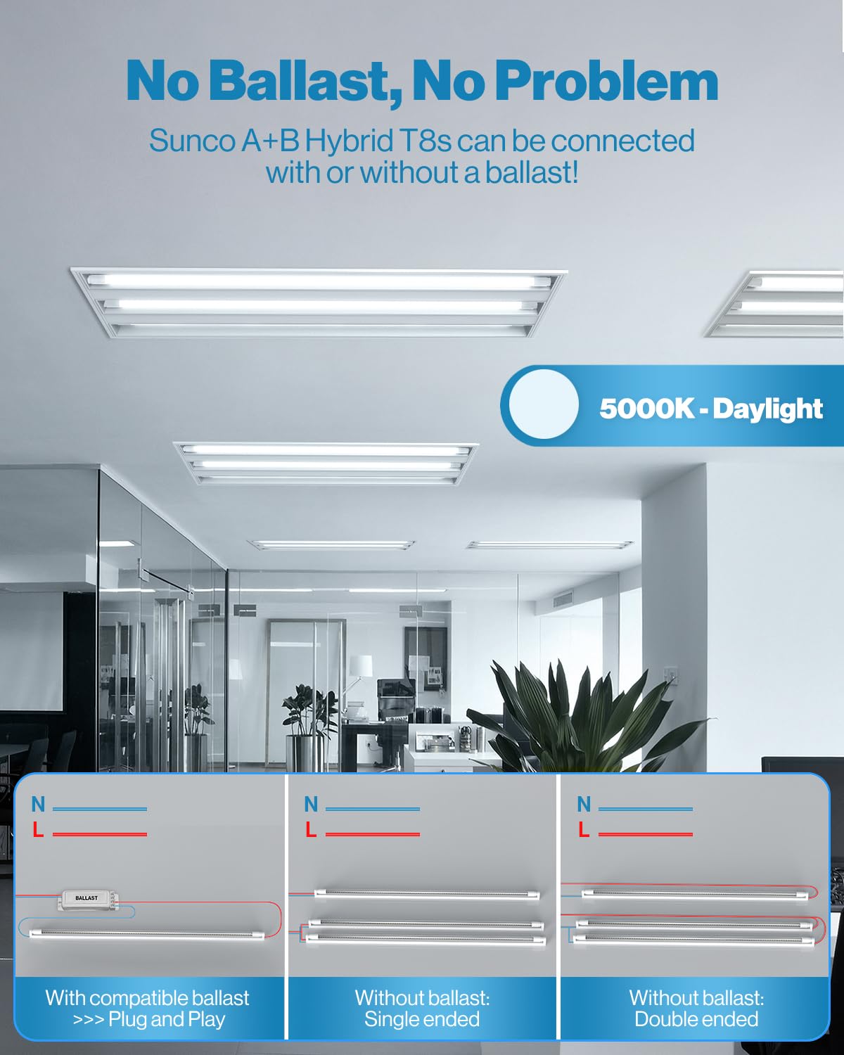 Sunco T8 LED Bulbs 4 Foot 10 Pack, 2400 LM, 20W, 5000K Daylight, Clear Lens, Hybrid Type A+B