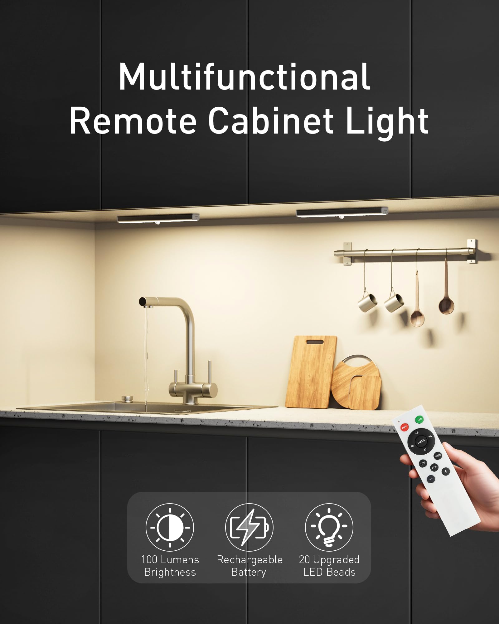SZOKLED Under Cabinet Lighting - Wireless Rechargeable LED Light Bar, 20 LEDs, White, Perfect for Kitchen, Closet, 6 Pack