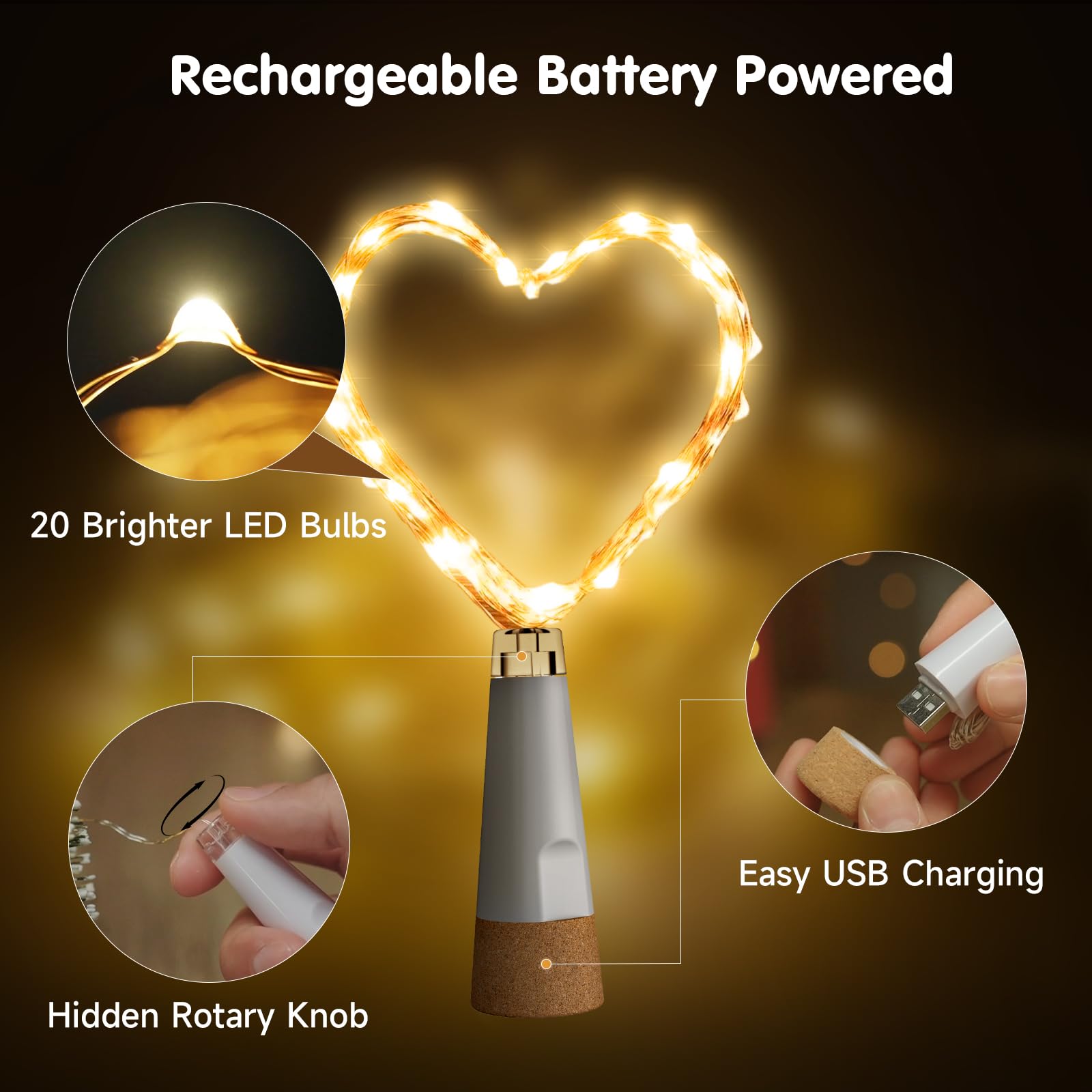 Ceepko USB Bottle Lights, Rechargeable Cork LED String Lights, 20 LEDs, 2 Pack, Cool White, Model: BOTTLE_LIGHT001