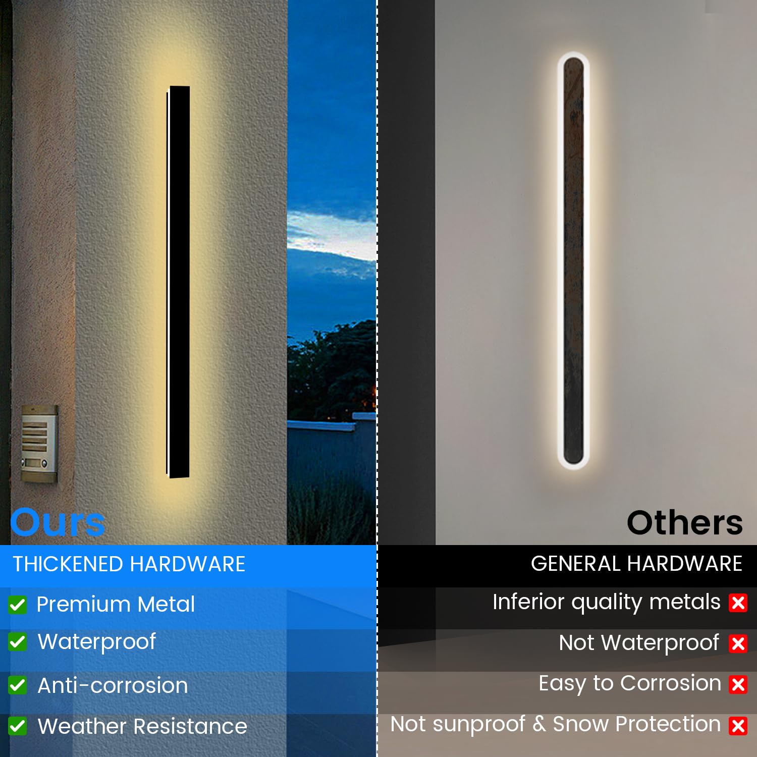 NIUZDU Modern Outdoor Wall Lights - 39.4" Black Metal Sconce, 3000K Warm Light, 2-Pack for Porch & Patio