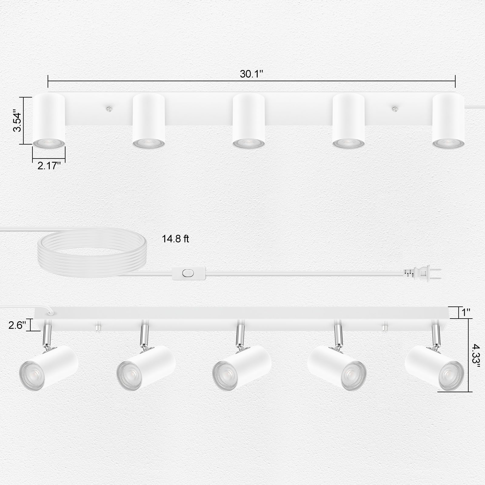 Auquee 5 Light Track Lighting Kit,White 5 Way Modern Plug In Ceiling Spotlight,Industrial Led Wall Light For Kitchen Cabinet Gal