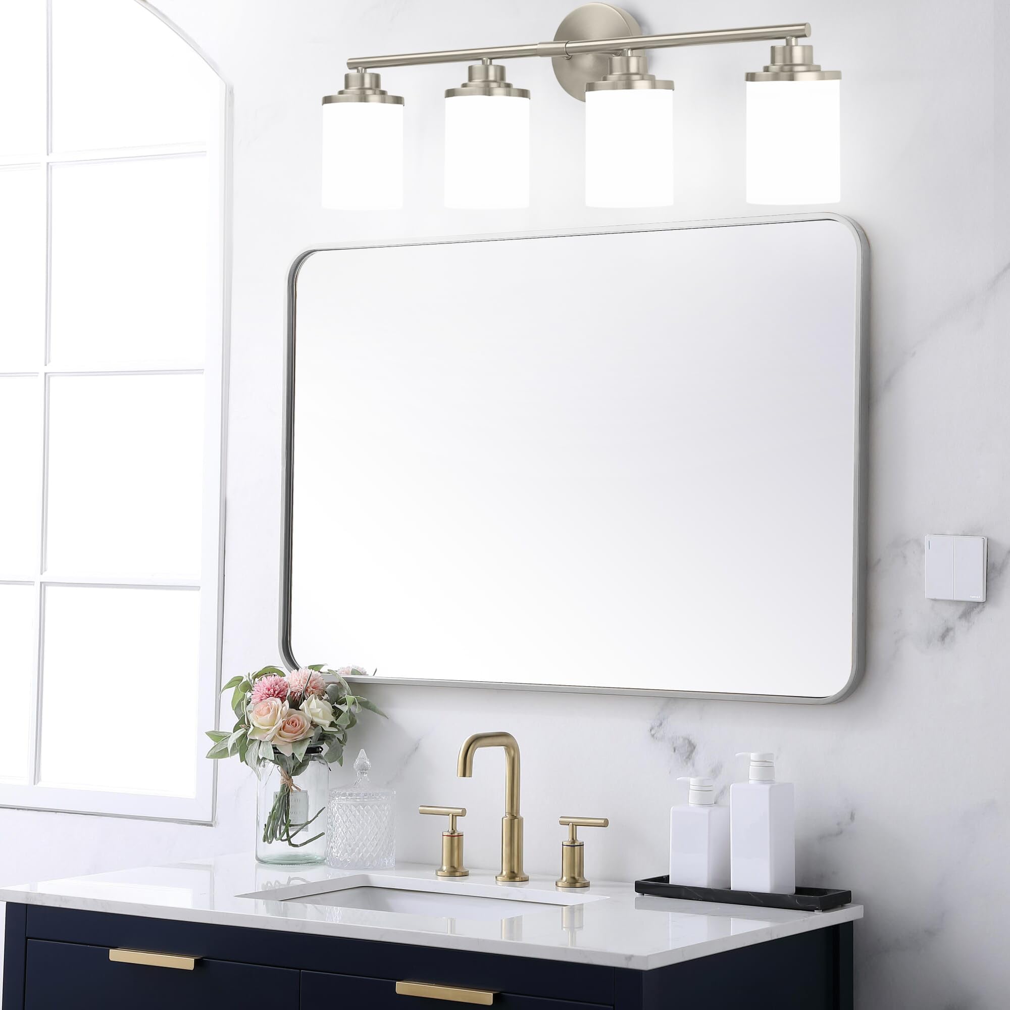 Halialumi Bathroom Light Fixtures,Brushed Nickel Bathroom Lights,4-Light Vanity Light,Bathroom Light Over Mirror,Modern Bathroom Vanity Light Fixture,Bathroom Sconces With Frosted Glass