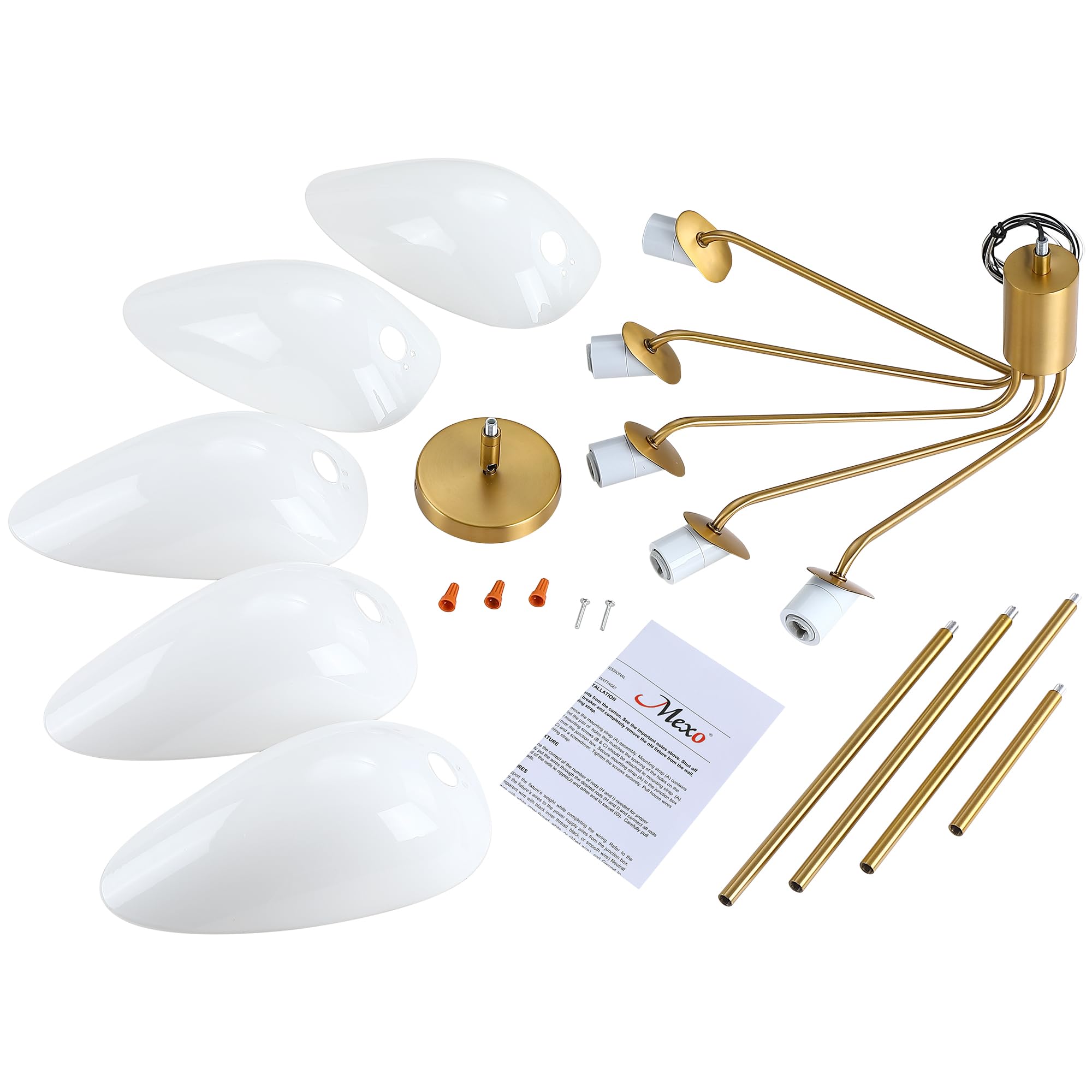 MEXO Modern Glass Sputnik Chandelier, Gold 5LT Pendant Light Fixture for Dining Room & Kitchen Island, Model 10028CH-GD