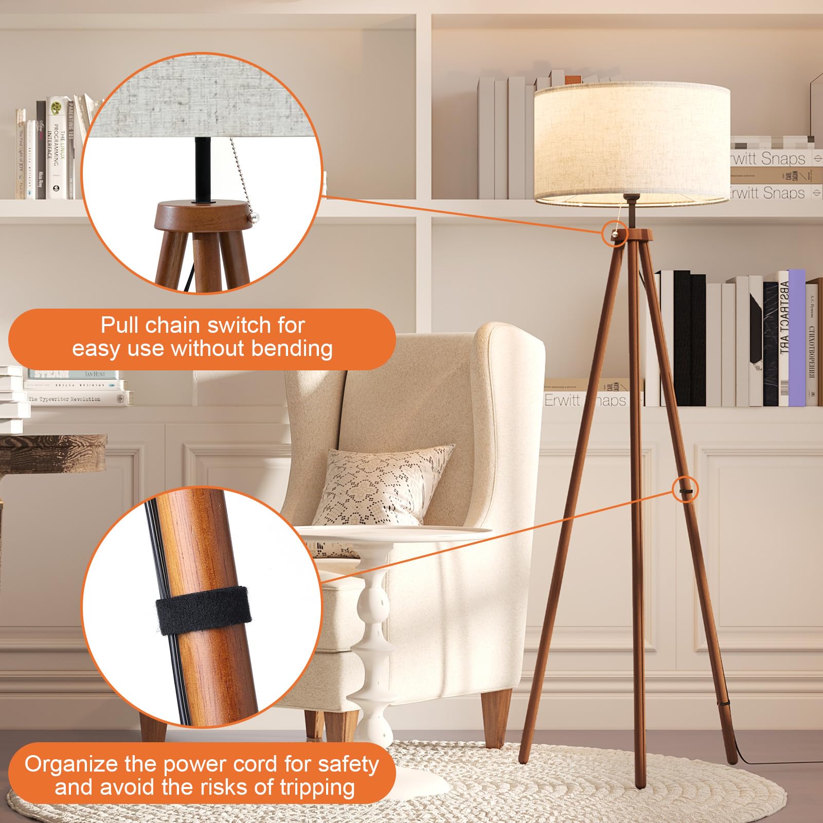 Litehistory Wood Tripod Floor Lamps For Living Room, Bedroom, And Office,Standing Lamp With Beige Linen Shade, 12W Three-Color B