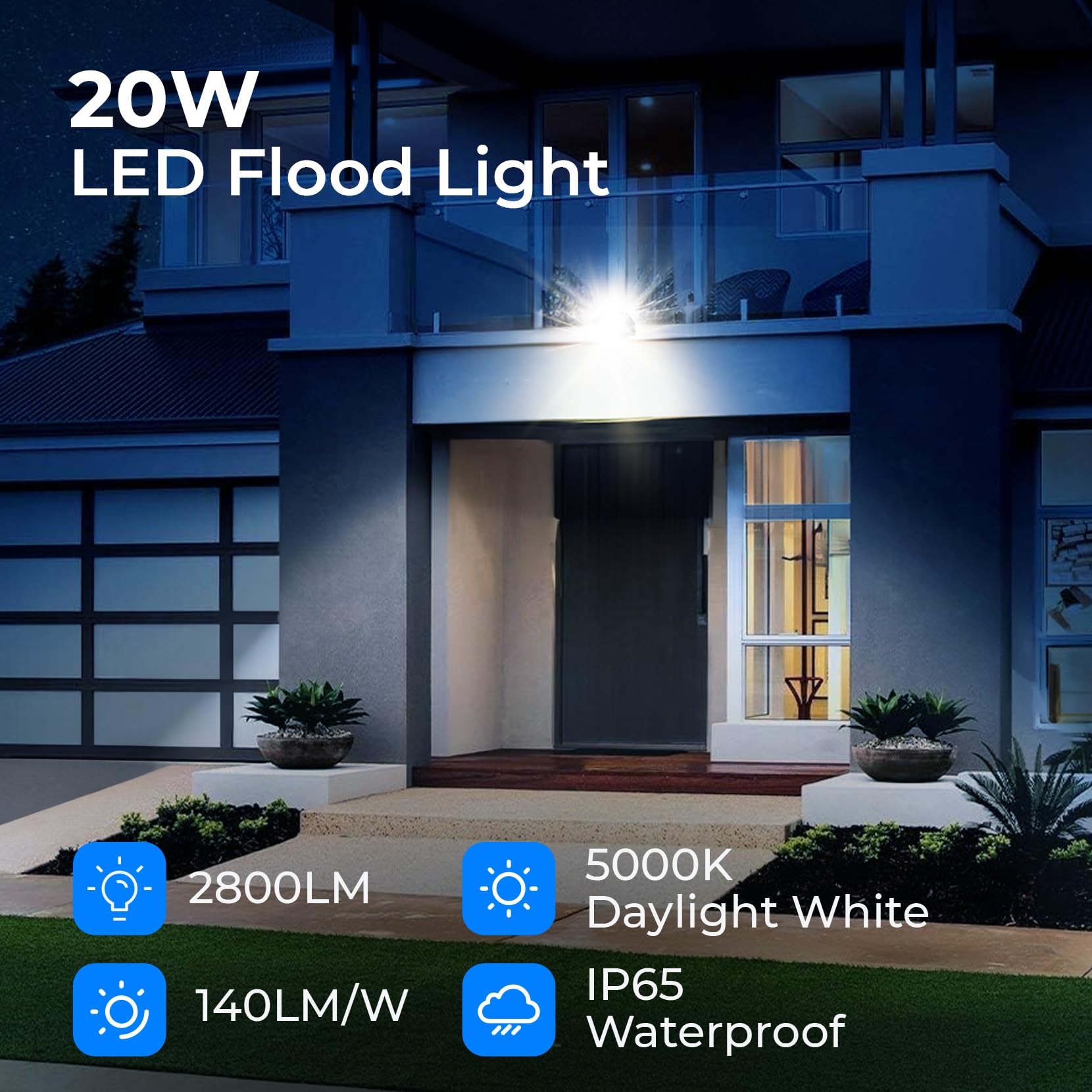 Cinoton 20W Led Flood Lights Outdoor  Ip65 Waterproof Exterior Security Wall Lights With 180?Nuckle  2800Lm 120V Outside Aluminum Lighting Fixture For Patio Porch Yard Garage 5000K 1 Pack  Ul Listed