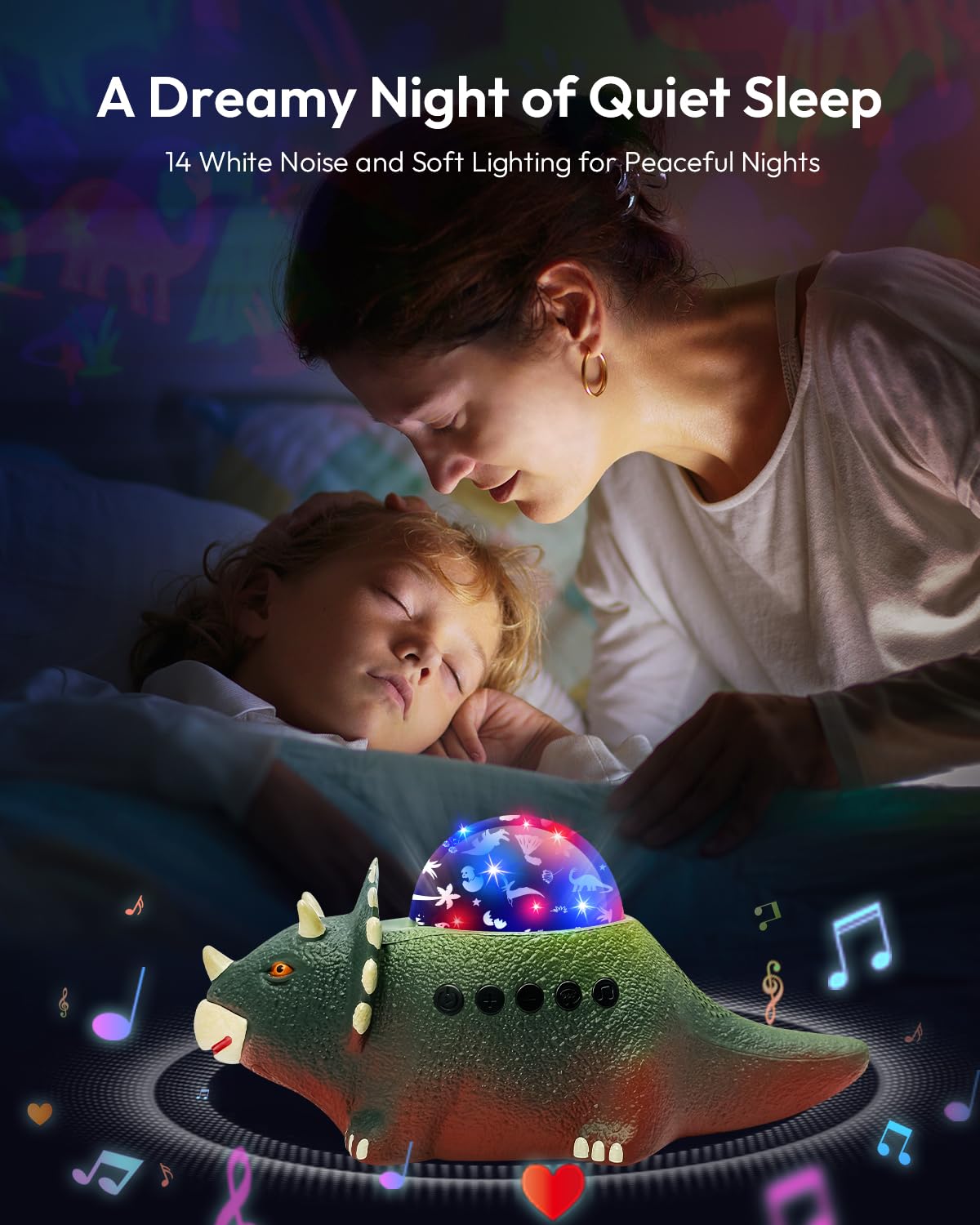 Beslike Dinosaur Night Light Projector, 360° Rotation, 14 White Noises, Dark Green, ABS Plastic, Model B1, Gift for Boys 3-8 Years
