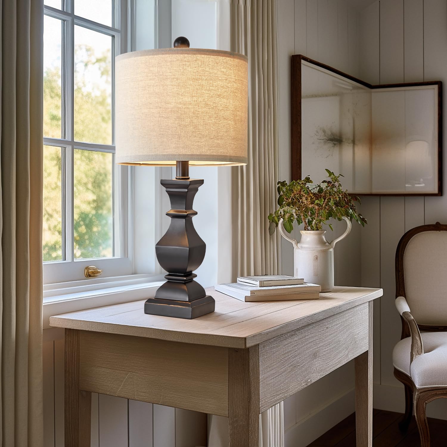 Pokat 20.5'' Mid Century Table Lamp Sets Of 2 For Living Room Retro Style Farmhouse Table Lamp For Bedroom Classic Beige Resin B