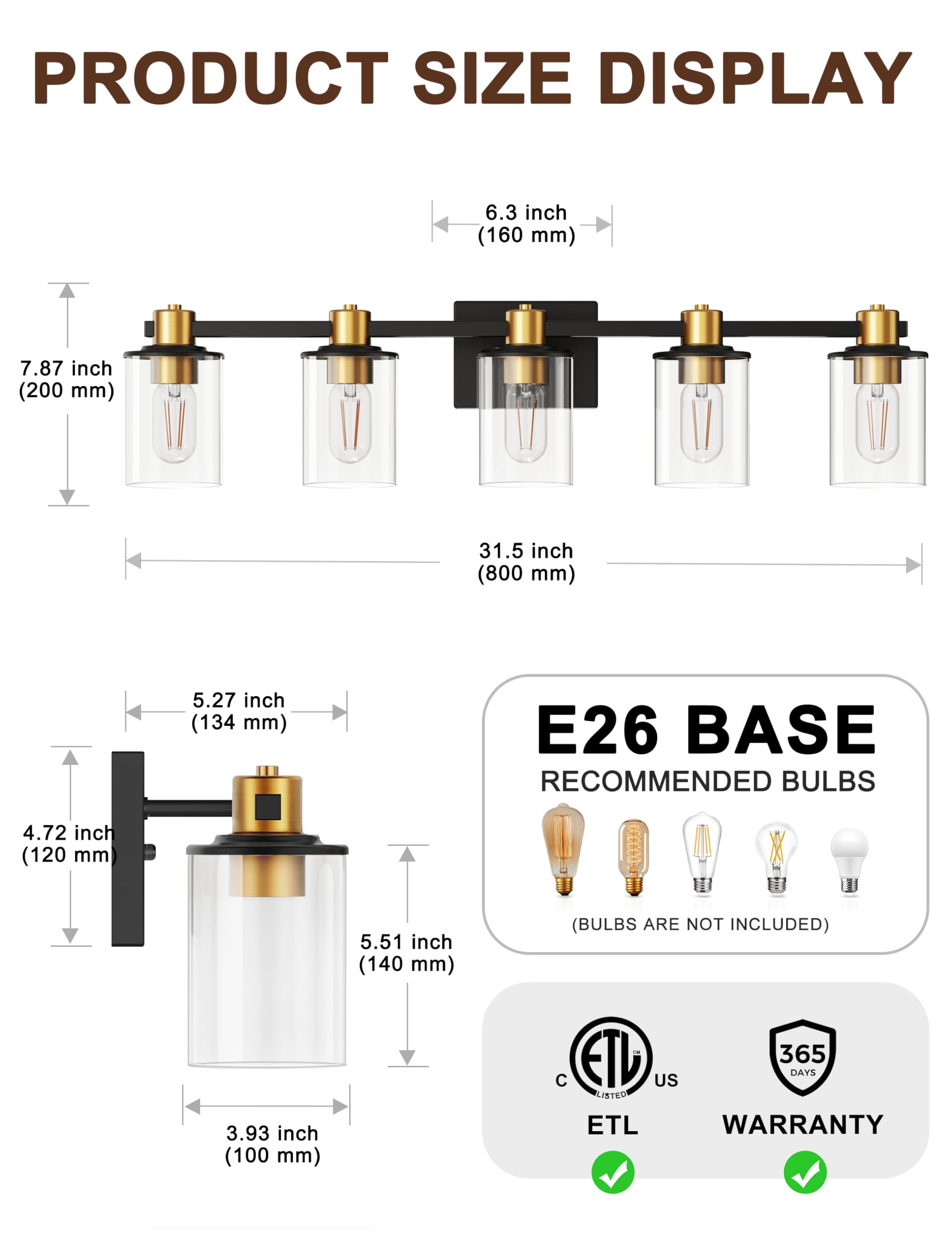 Doresshop 5-Light Udgraded Black And Gold Bathroom Light Fixtures, Modern Bathroom Lights Over Mirror With Clear Glass Shade, Va