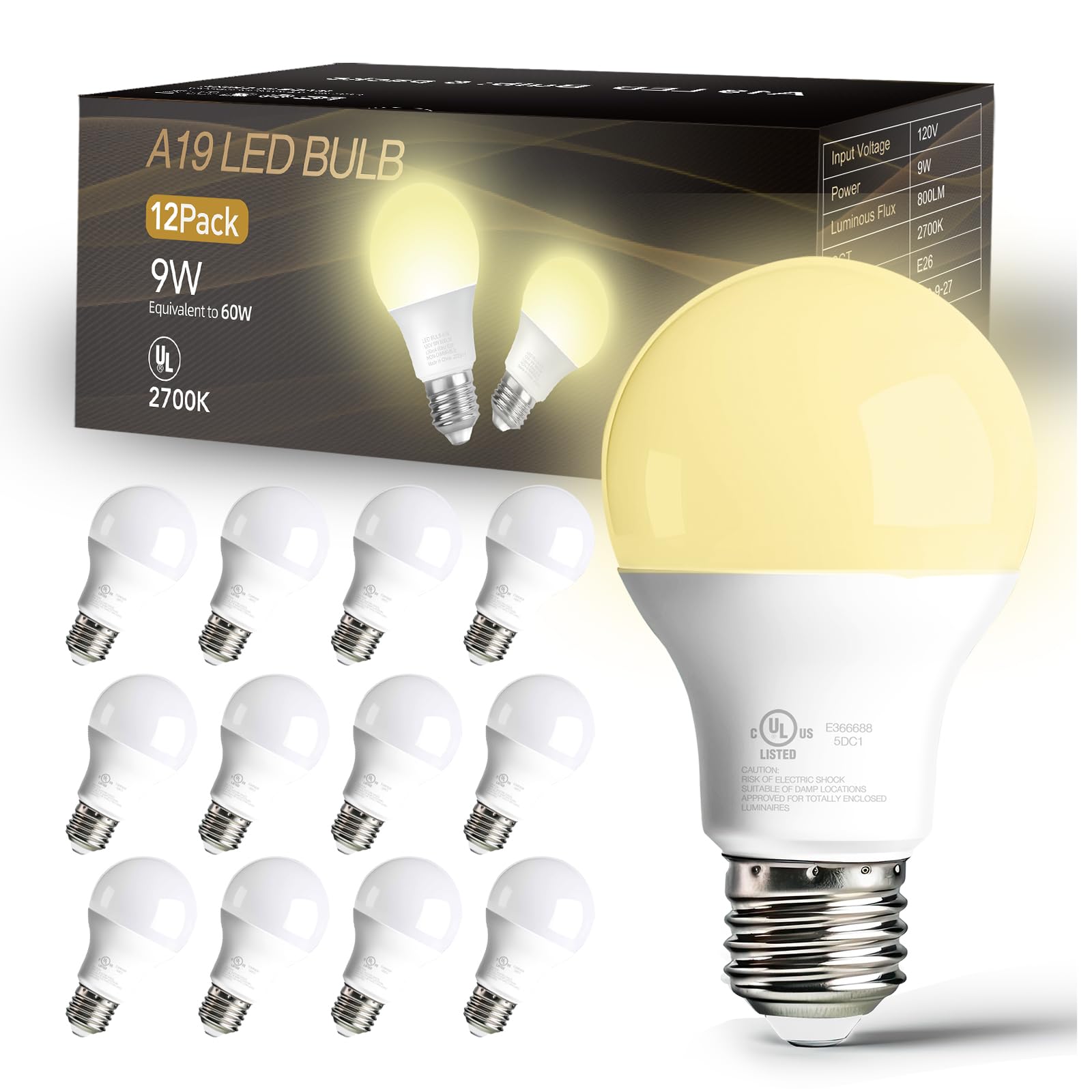 dalattin 12 Pack A19 LED Bulbs,9W Equivalent 60 Watts,E26 Base,Soft White 2700K, 800 LM, Non-Dimmable, Efficient Energy Saving Lights for Living Room,Office,80+ CRI,120V, UL Listed