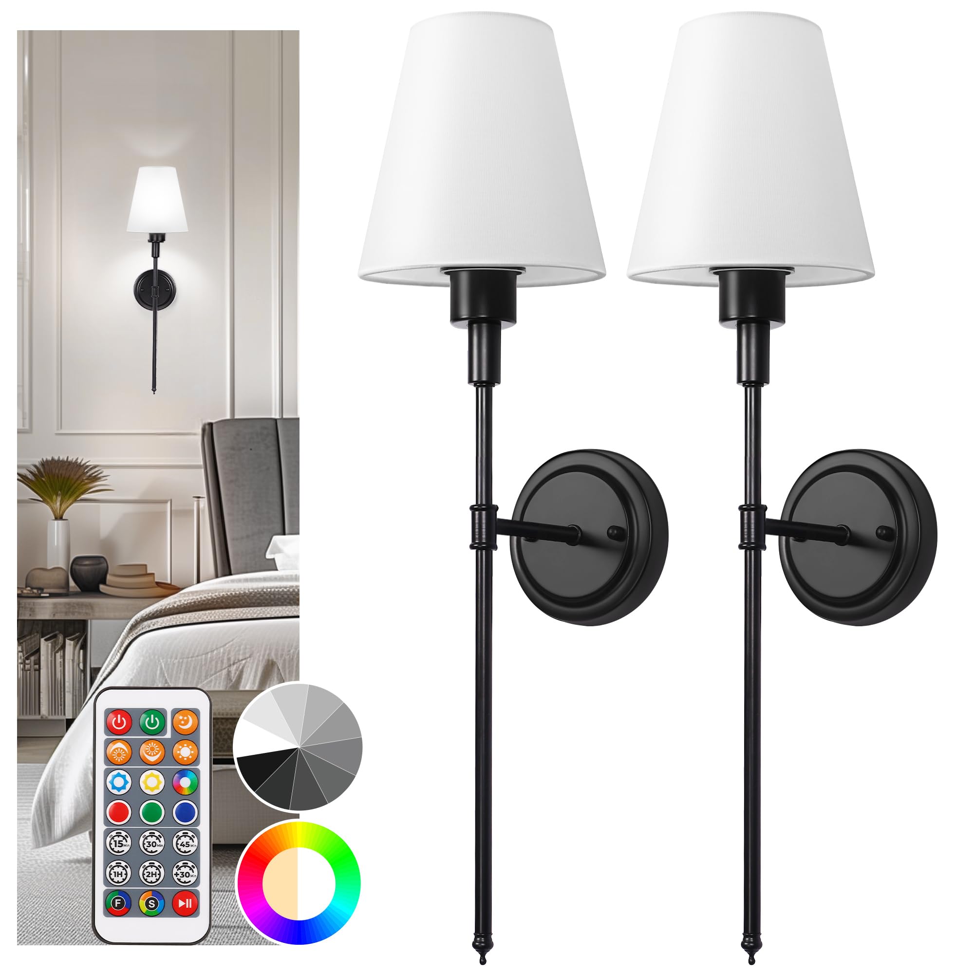 DORESshop Battery Operated Wall Sconce Set of Two, Dimmable, Adjustable Bulb, 24.6 inch, Black, Model W230001-YKBD04BL