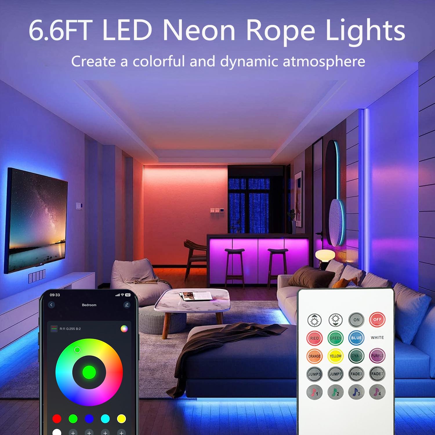 httpsmp Neon Rope Lights, 6.6FT Flexible LED Strip, RGB Colors, IP67 Waterproof, App/Remote Control, Music Sync