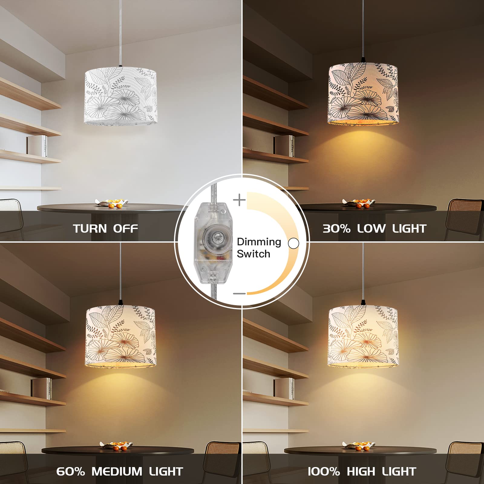 CINSARY Plug-in Pendant Light with Dimmable Switch, 15 ft Clear Cord, Linen Fabric, Flower Color, Bulb Included