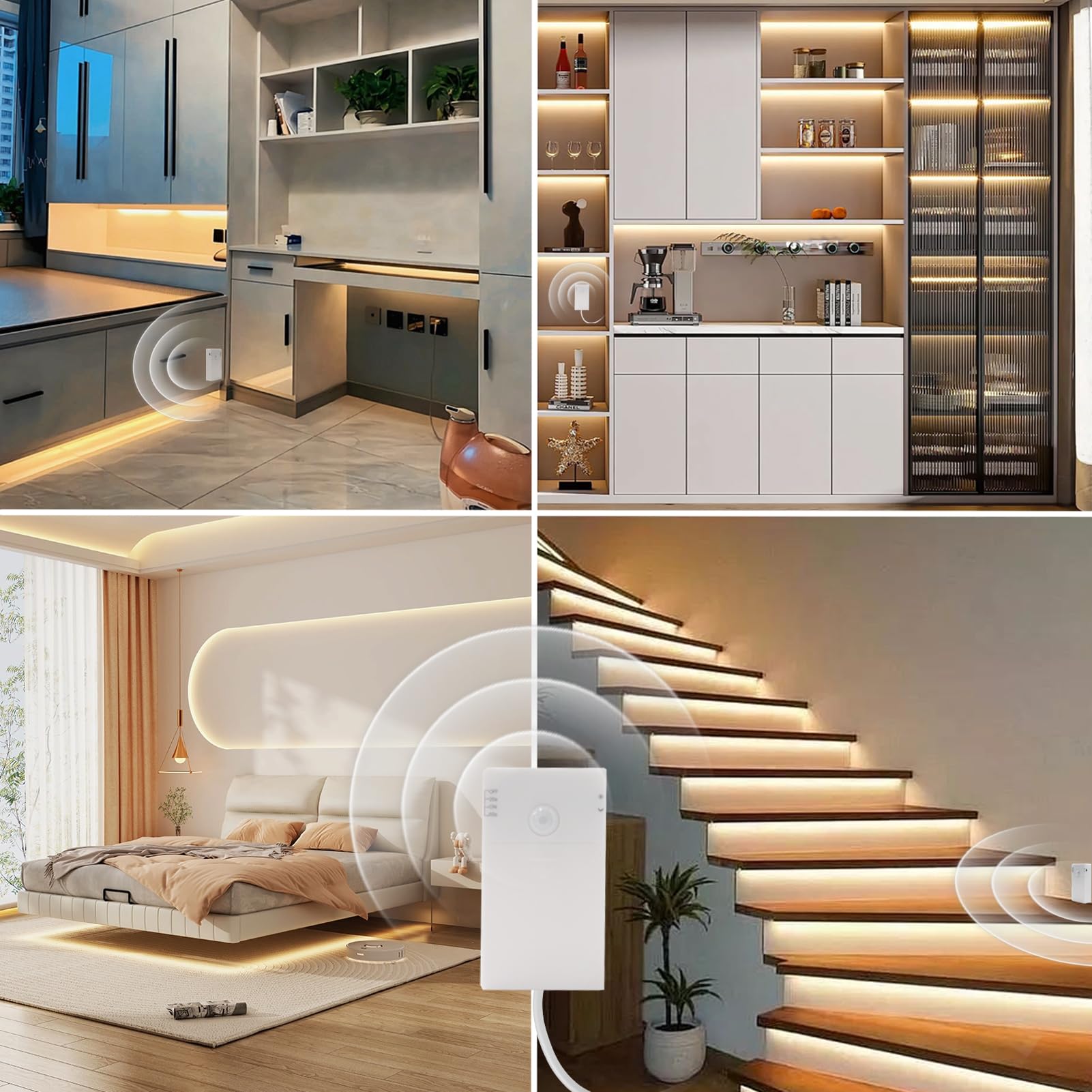 echosari Battery Operated Motion Sensor Cabinet Strip Lights, 9.8Ft, 90 LED, Warm White, Model ES-StripL, Ideal for Stairs, Wardrobe, Kitchen