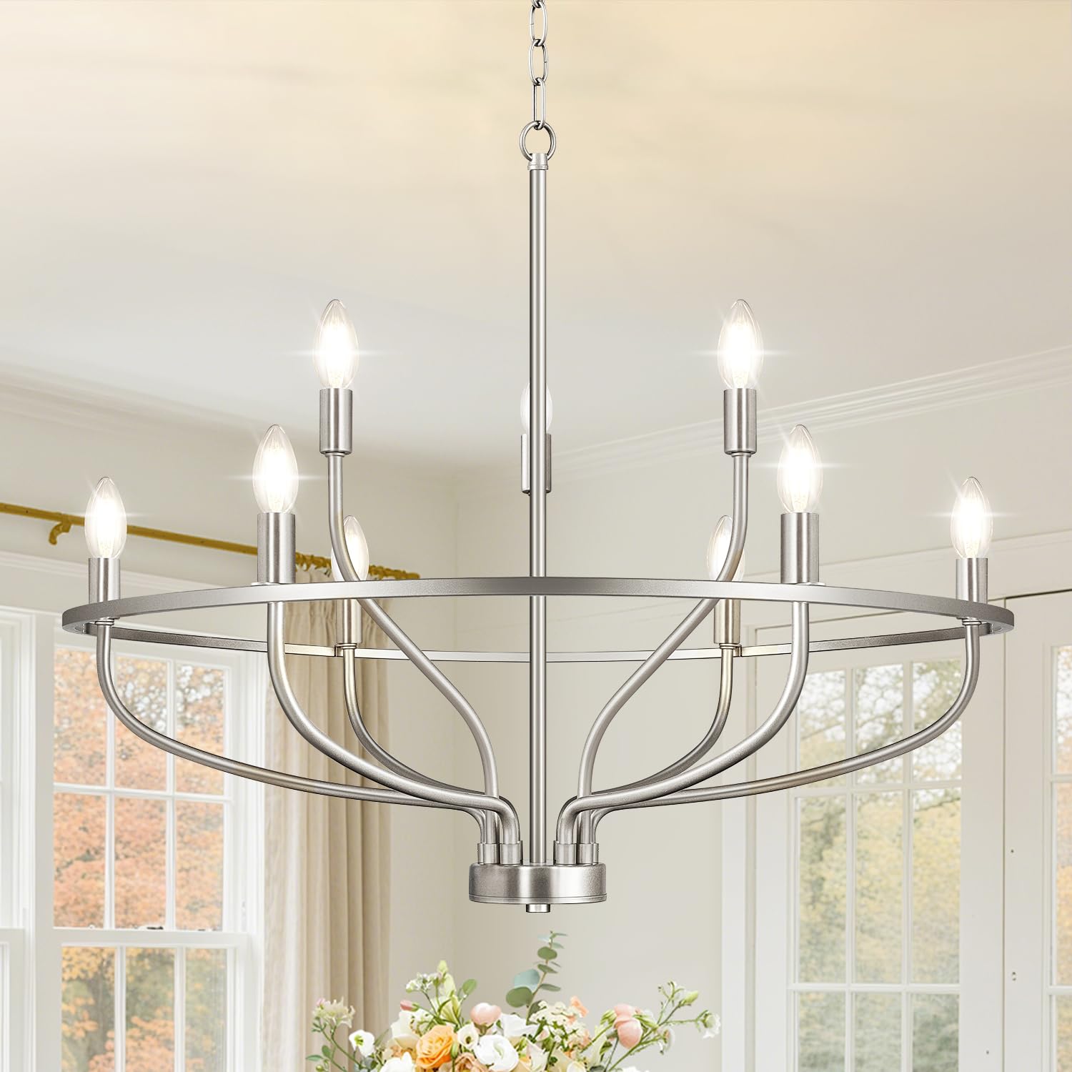 30 Brushed Nickel Chandelier  9-Light Industrial Chandelier For Dining Room Lighting Fixtures Hanging  Pendant Lights For Kitchen Island  Kitchen Island  Bedroom And Entryway (Bulbs Not Included)