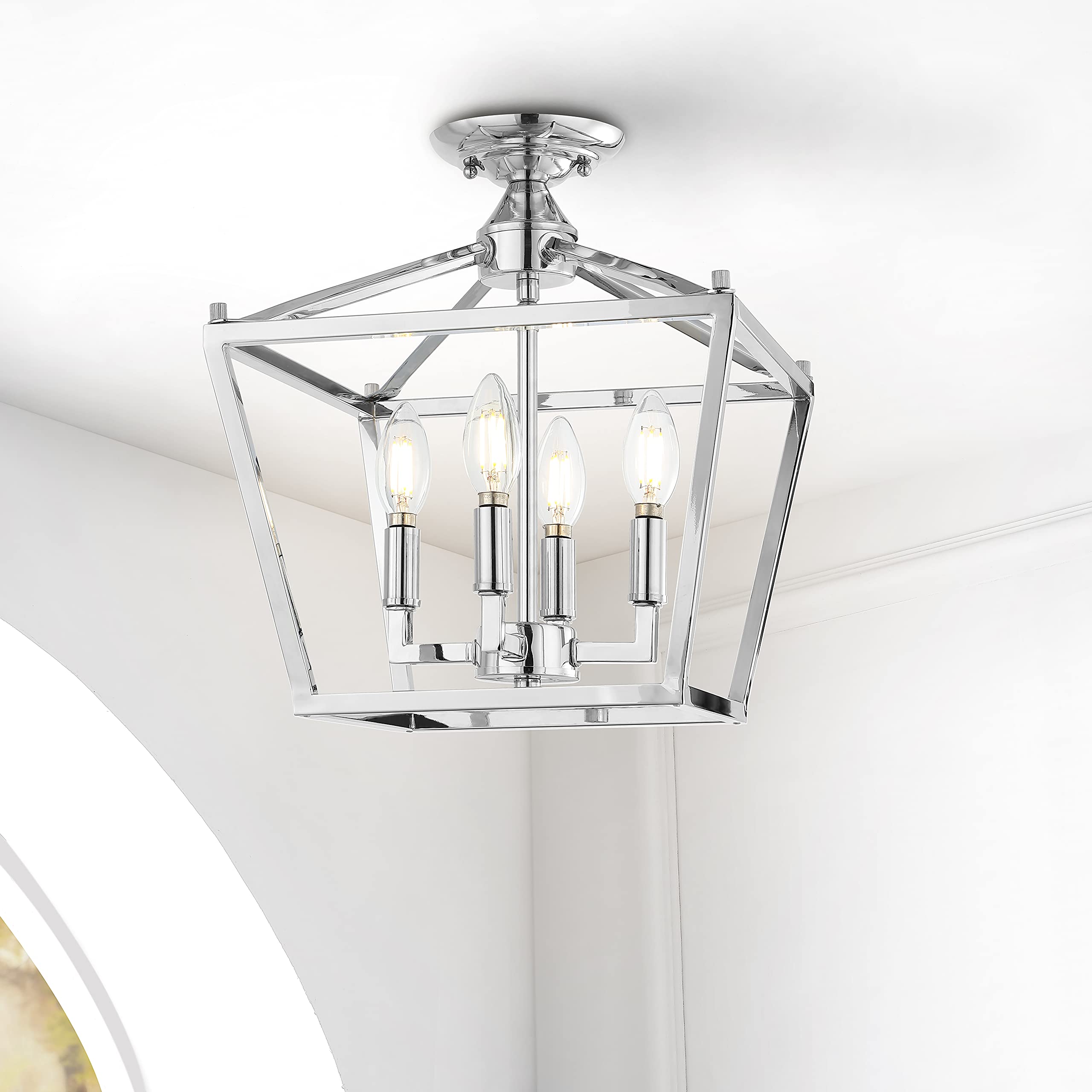 JONATHAN Y 12in Iron 4-Light Mini Lantern Flush Mount, Dimmable, Rustic Chrome, Model JYL7610C