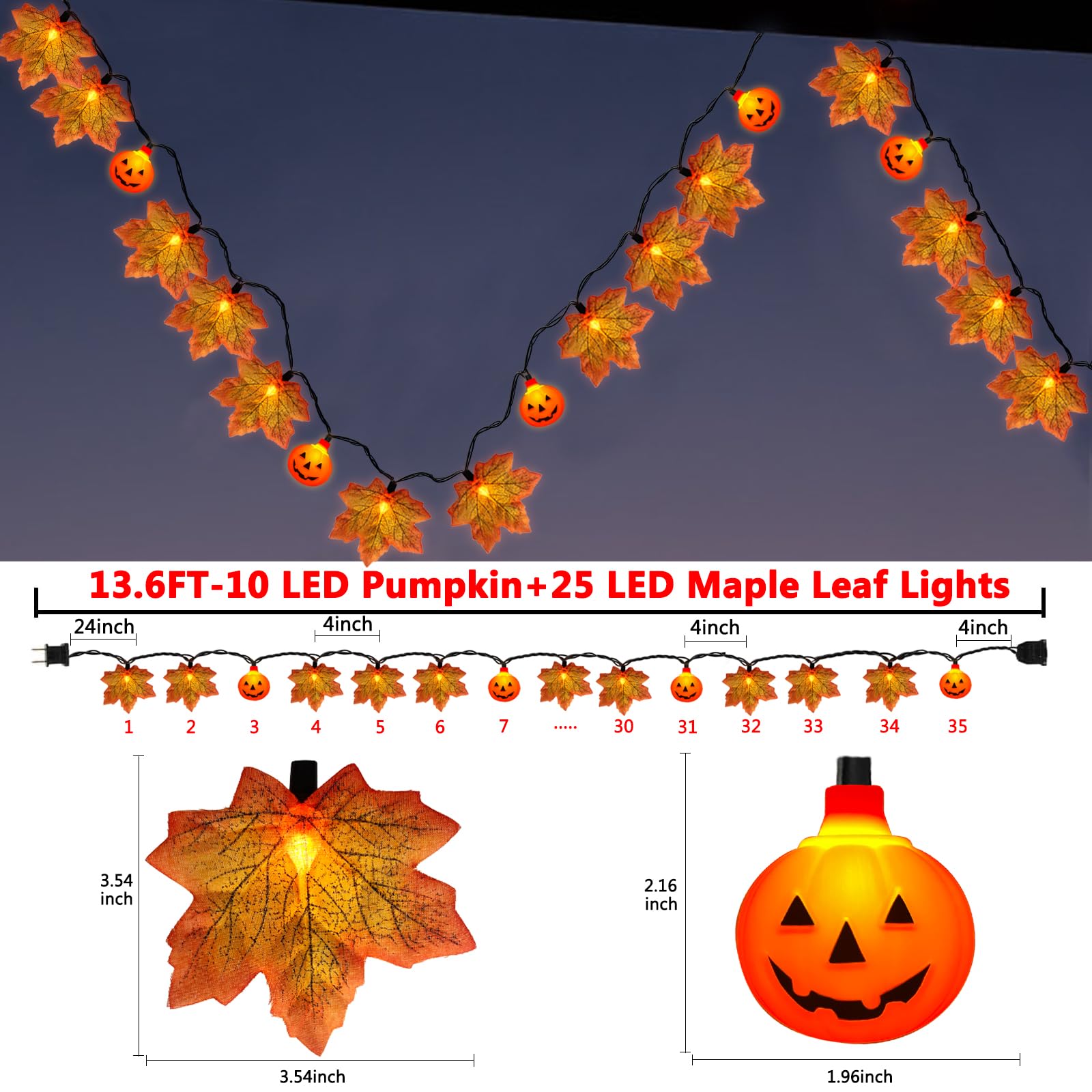13.6FT Thanksgiving Lights Leaf String Lights, 25 LED Orange Leaf Lights and 10 LED Pumpkin Lights, Plug-in Fall String Lights f