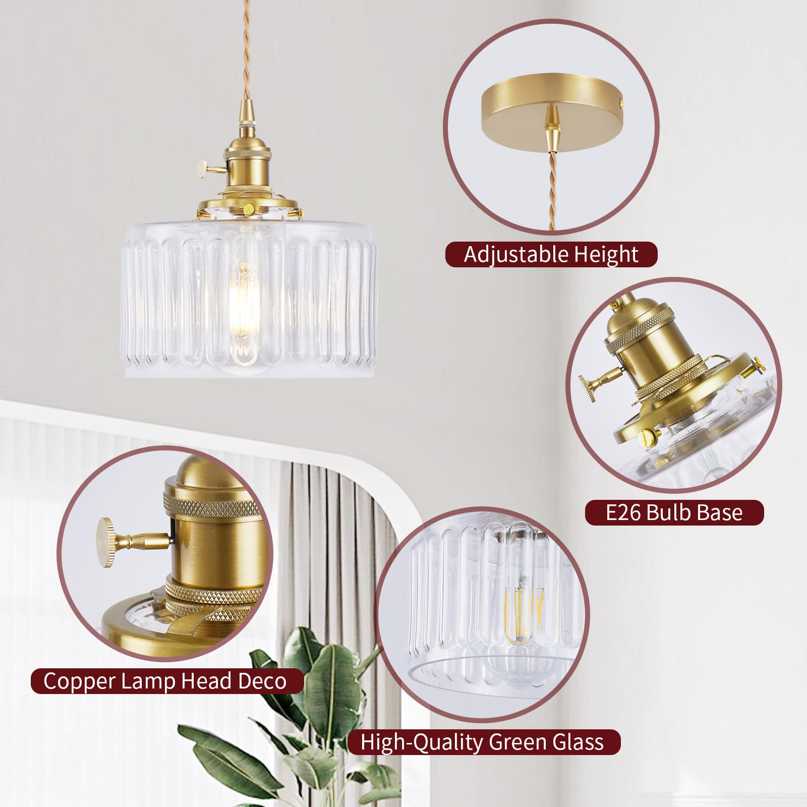 WimiSom Industrial Pendant Lighting, Clear Glass Shade, Adjustable, 2-Pack for Kitchen, Living Room, Bedroom - Model Glass-003