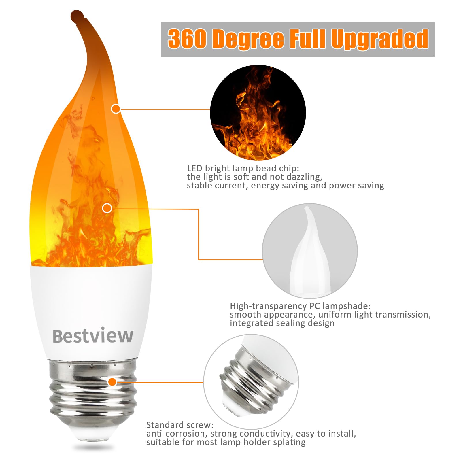 Bestview Led Flame Effect Light Bulbs,3 Modes Smart E26 Chandelier Base Flickering Candle Fire Light Bulb For Halloween, Christm