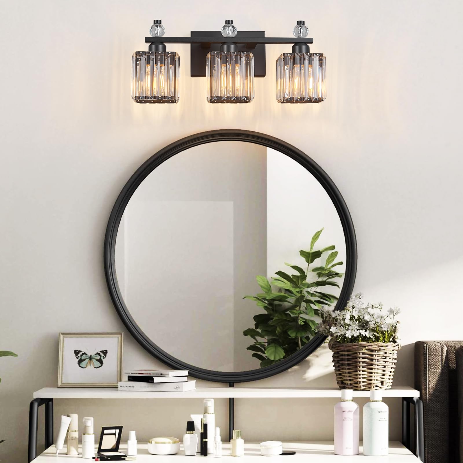FDPBY 3-Light Sand Black Metal Bathroom Vanity Light Fixture, Modern Crystal Design, Model 290