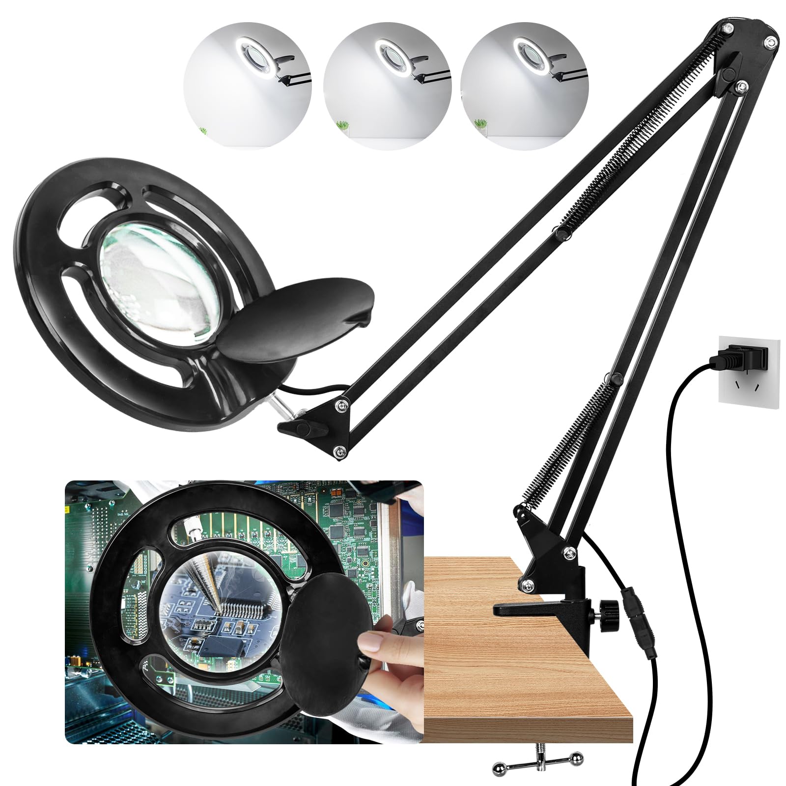 HITTI 10X Magnifying Glass with Light, Adjustable Swing Arm Desk Lamp, 2200 Lumens, Black, Model 208-Black-10x