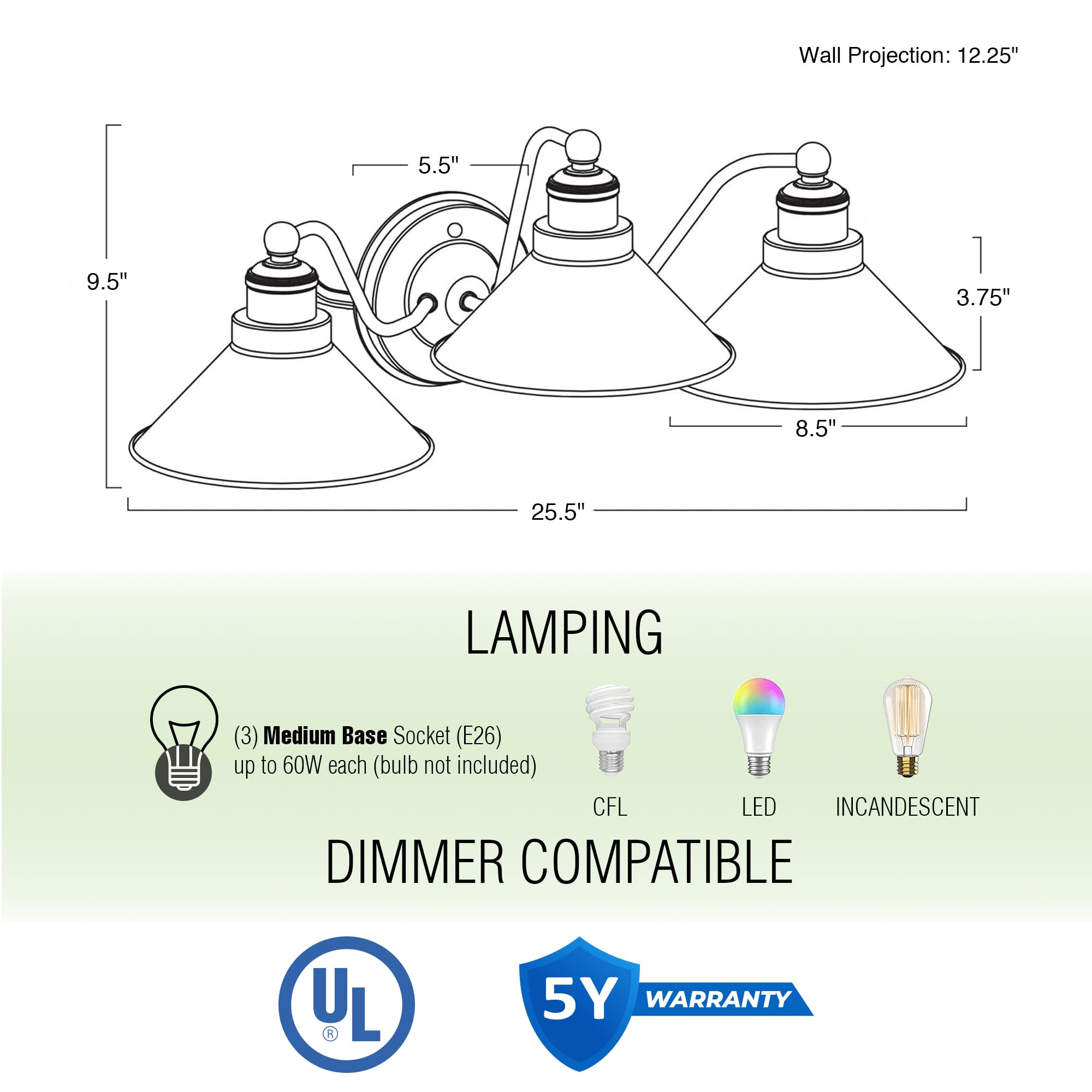 Kira Home Welton 3-Light Bathroom Light, 25.5 Polished Nickel, Metal, Modern Farmhouse Vanity Fixture, Model Rv-Wb4833-Pn