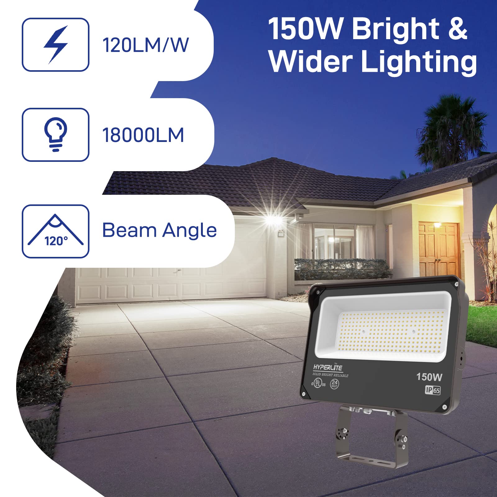 Hyperlite Led Flood Light 150W 2 Pack 18000Lm 5000K Daylight Ip65 Waterproof Outdoor Floodlights Ul Certified For Court,Garden,W