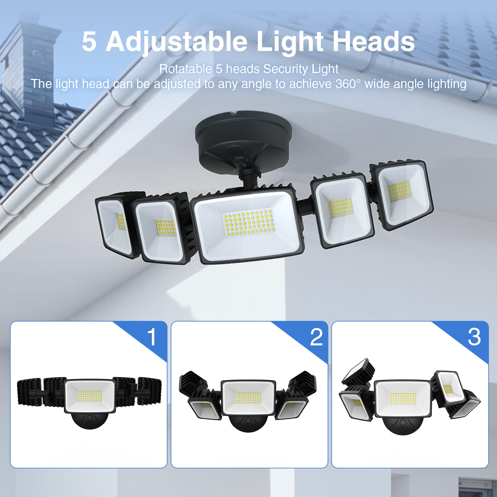 SZPOWER 120W Outdoor LED Flood Light, 5 Heads, IP65 Waterproof, Black, Model SZBL1005, 6500K Super Bright Security Lighting