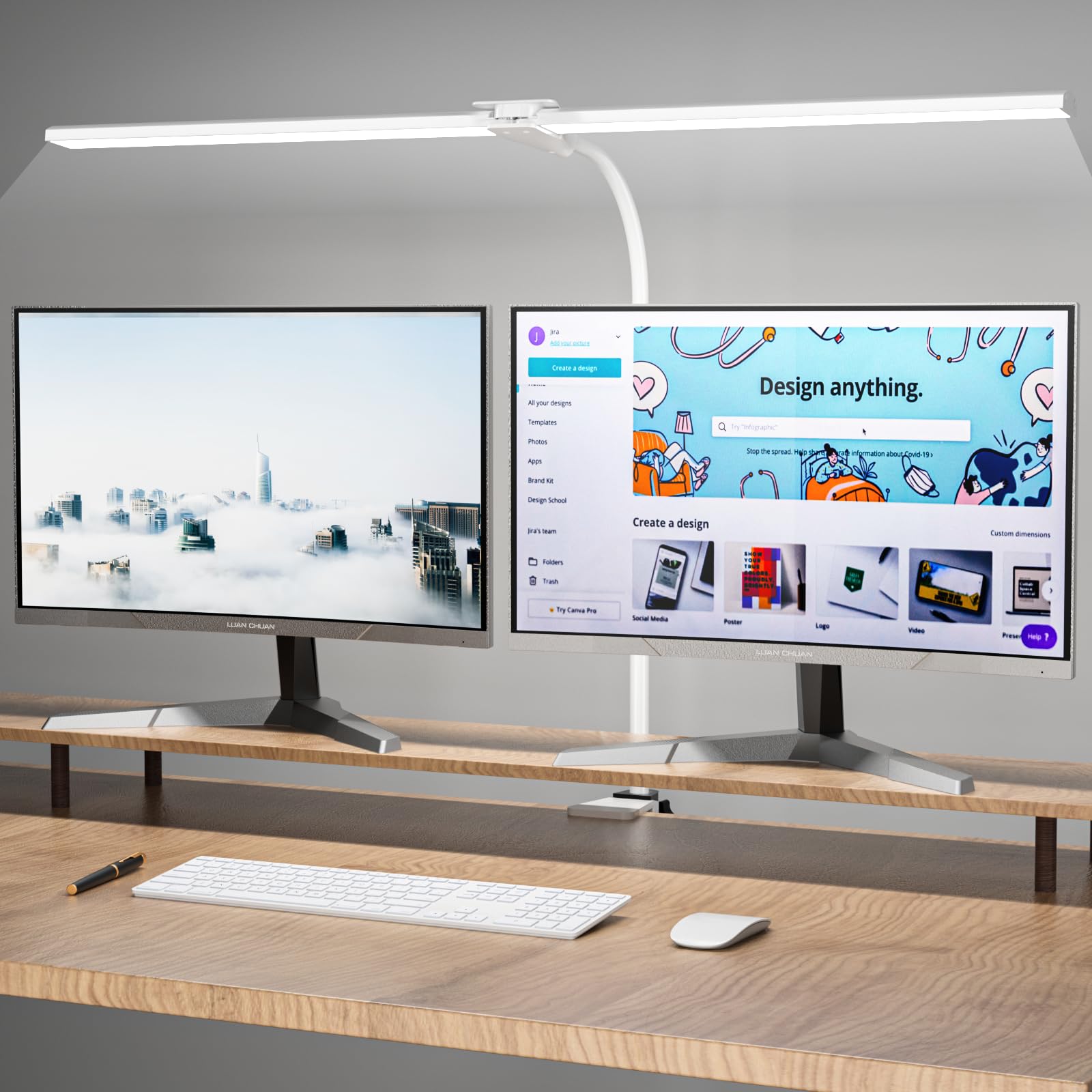 LED Desk Lamp, 31.5'' Wide Double Head Desk Lamps for Home Office, Dimmable 25 Lighting Modes 16W 1800lm Bright Desk Lighting, E