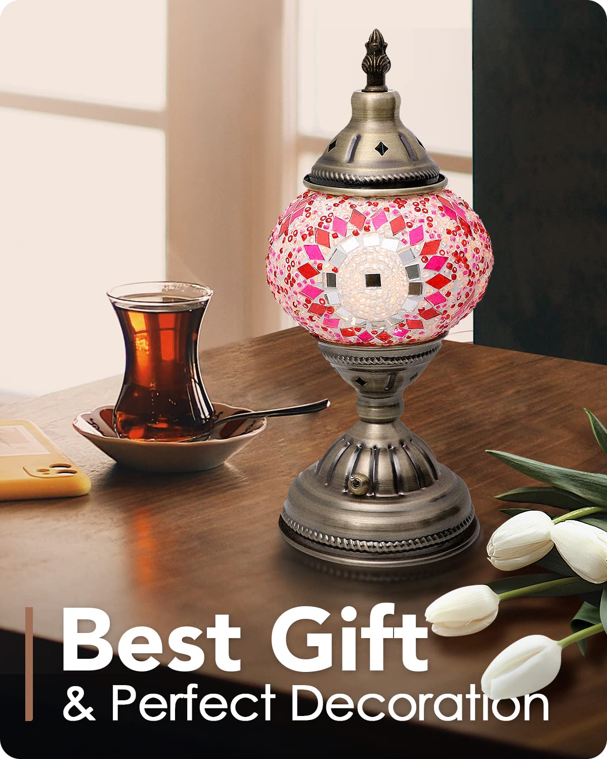 Yarra-Decor Moroccan Lamp - Handmade Tiffany Mosaic Glass, Red1, Portable Bedside, Rechargeable Battery 2000mAh, LED Bulb Included