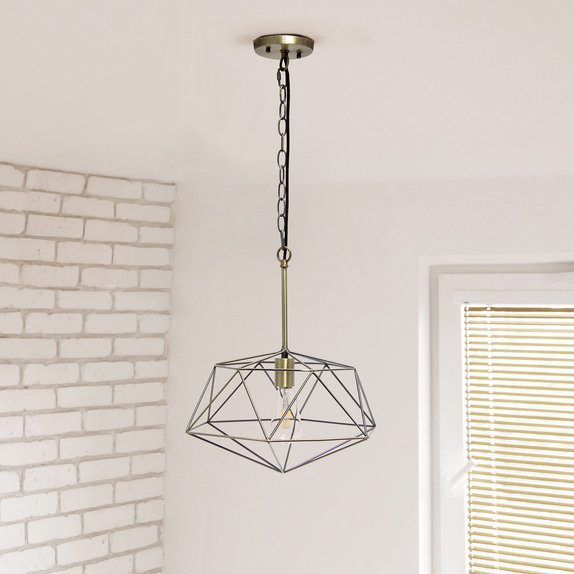 Elegant Designs PT1011-ABS 16in Geometric Diamond Pendant Light Fixture, Antique Brass, Metal Wire Cage, Industrial Style