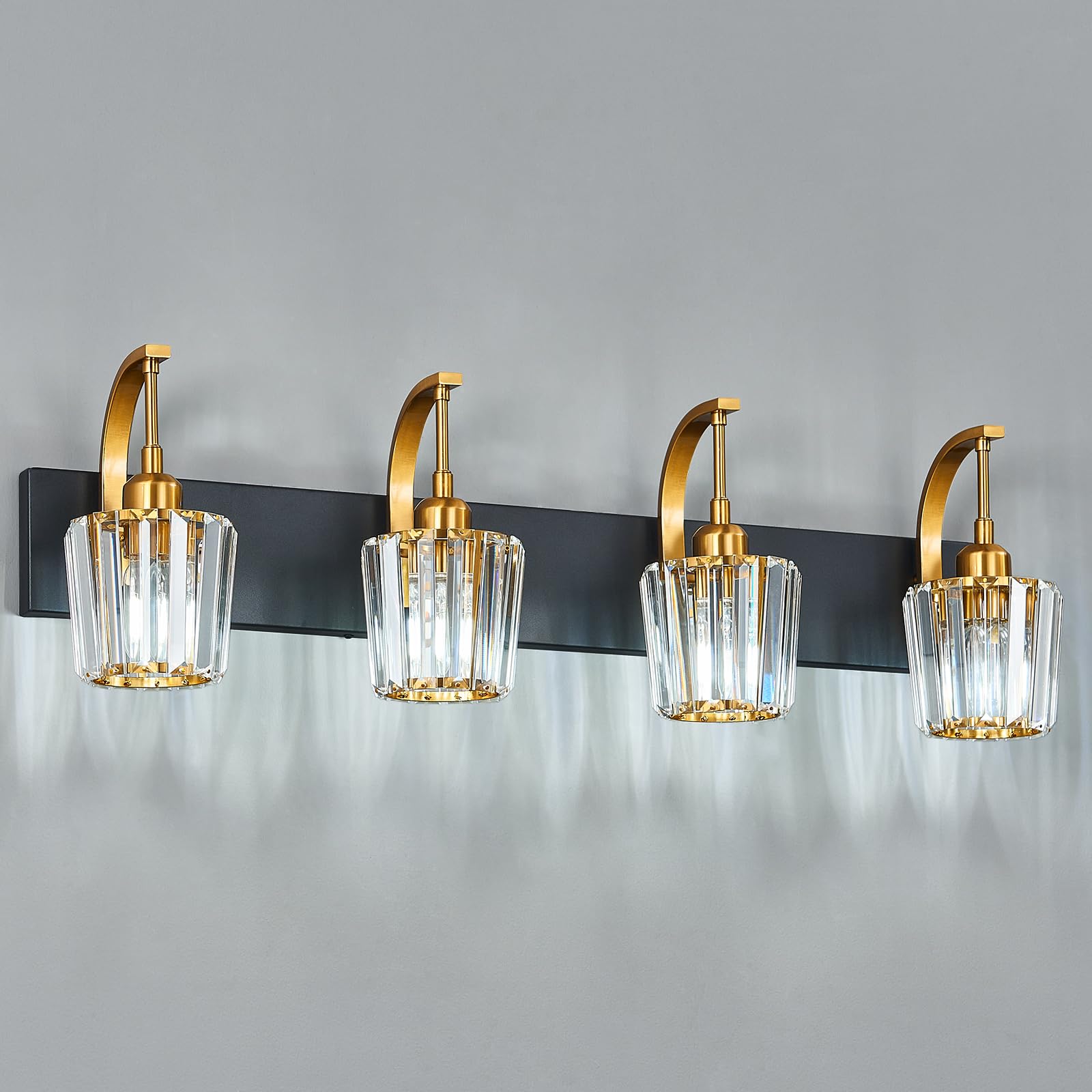 Fdpby Modern Bathroom Vanity Light  4-Light Black Gold Wall Sconce With Crystal Accents  Over Mirror Bathroom Lighting Fixture  32.67 Long Dimmable Vanity Lamp For Makeup  Easy Installation
