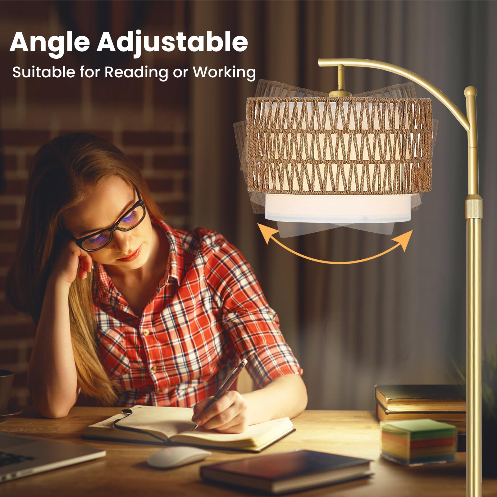 Yusist Arc Floor Lamp For Living Room,Gold Floor Lamps With Remote Control & Dimmable Bulb,Rattan Boho Tall Standing Lamp For Be