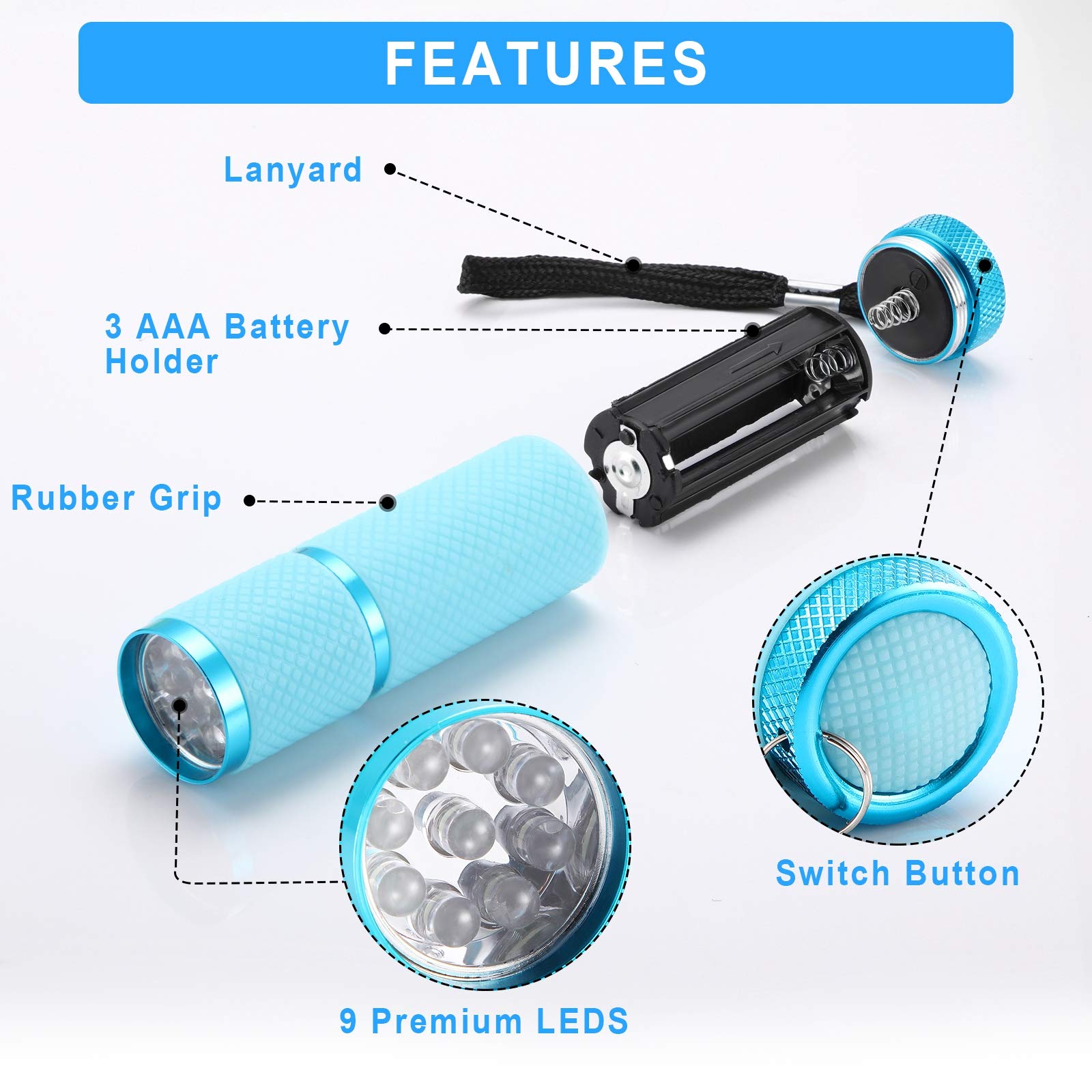 Mudder 8 Pieces Glow in Dark Flashlights 9 LED Rubber Coated Mini Torch Portable in Green, Yellow, Blue, Pink