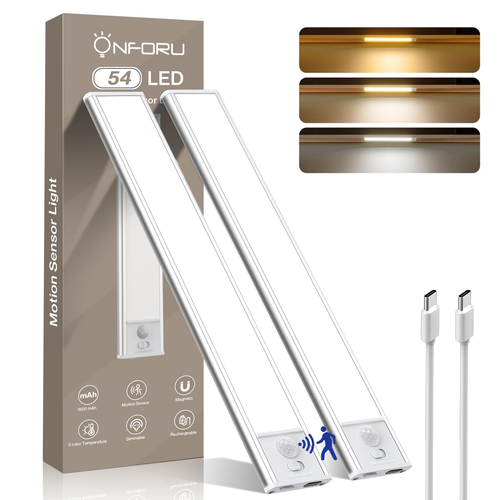 Onforu Under Cabinet Lighting, 54 Led Motion Sensor Light, Dimmable & 3 Color Temperature Closet Lights, 1500Mah Usb Rechargeabl