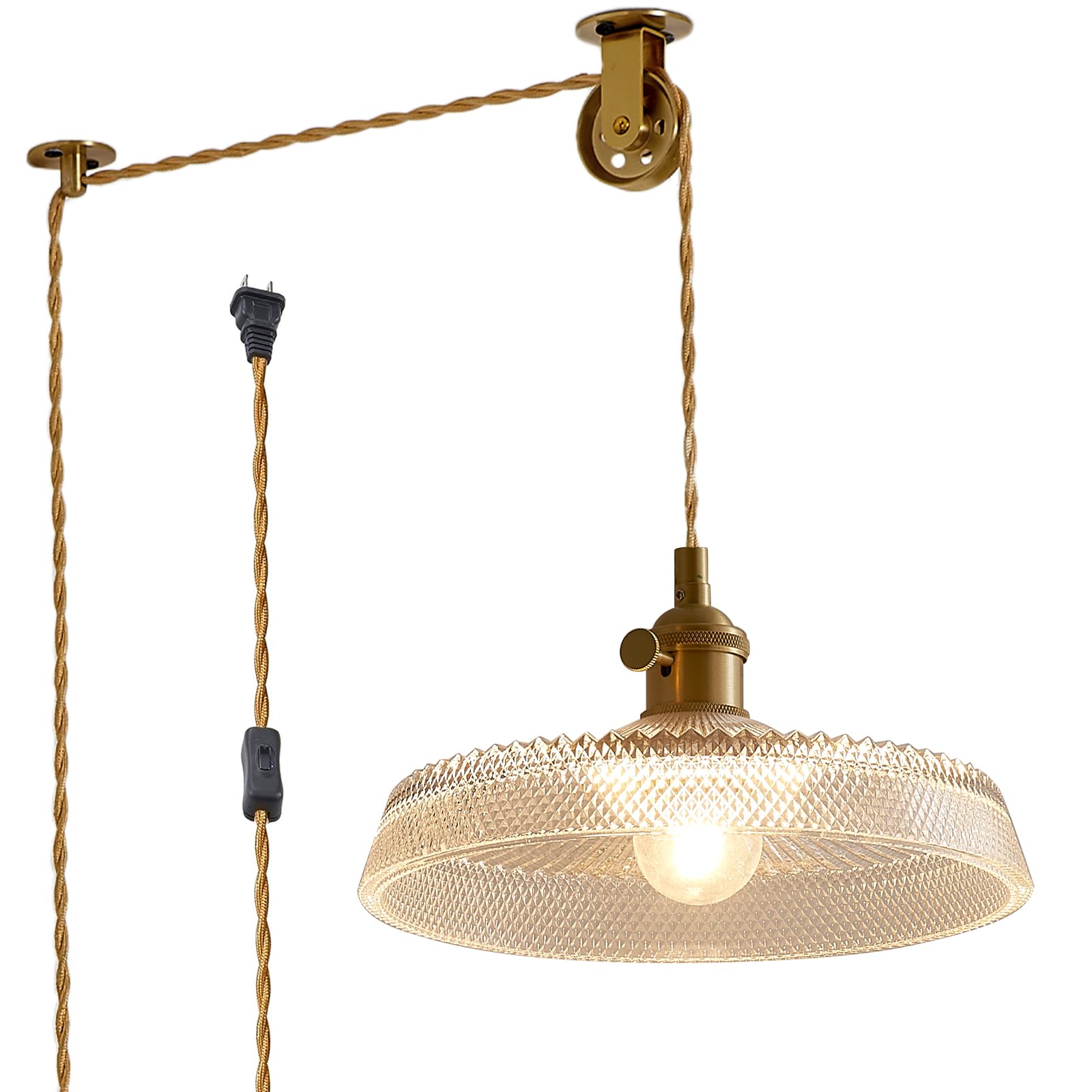 Oyisen Plug In Pendant Light,9.1 Inch Glass Lampshade Hanging Lights With Plug In Cord Two Ways Switches Industrial Pendant Lights With Plug In Cord For Bedroom