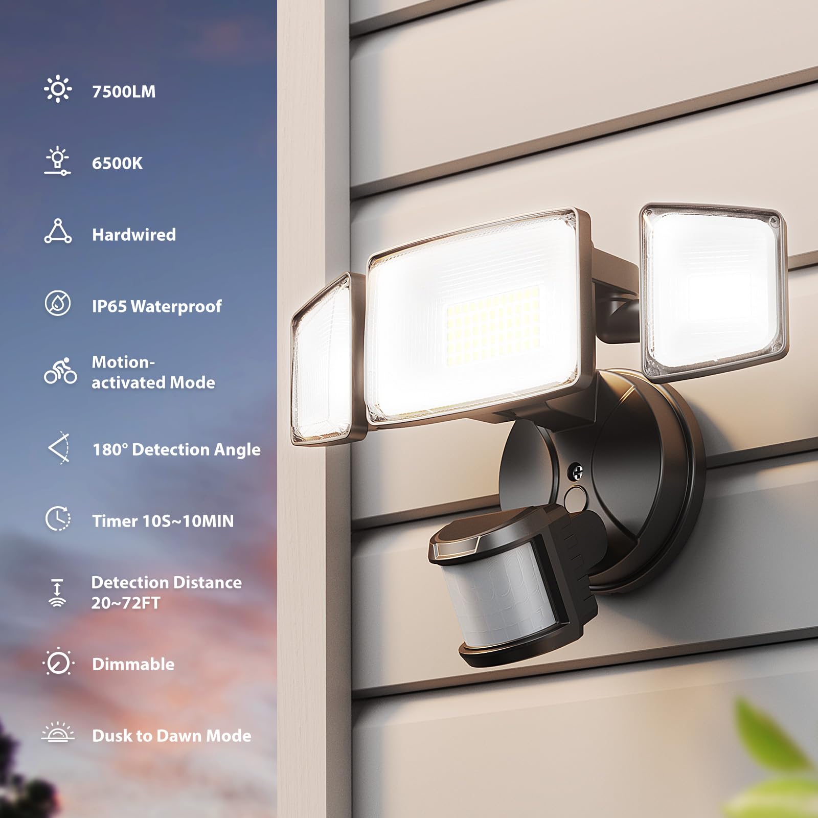 Onforu 75W LED Motion Sensor Flood Light, 7500LM, IP65 Waterproof, Black, Hardwired, Dusk to Dawn, Model BDB75G-3